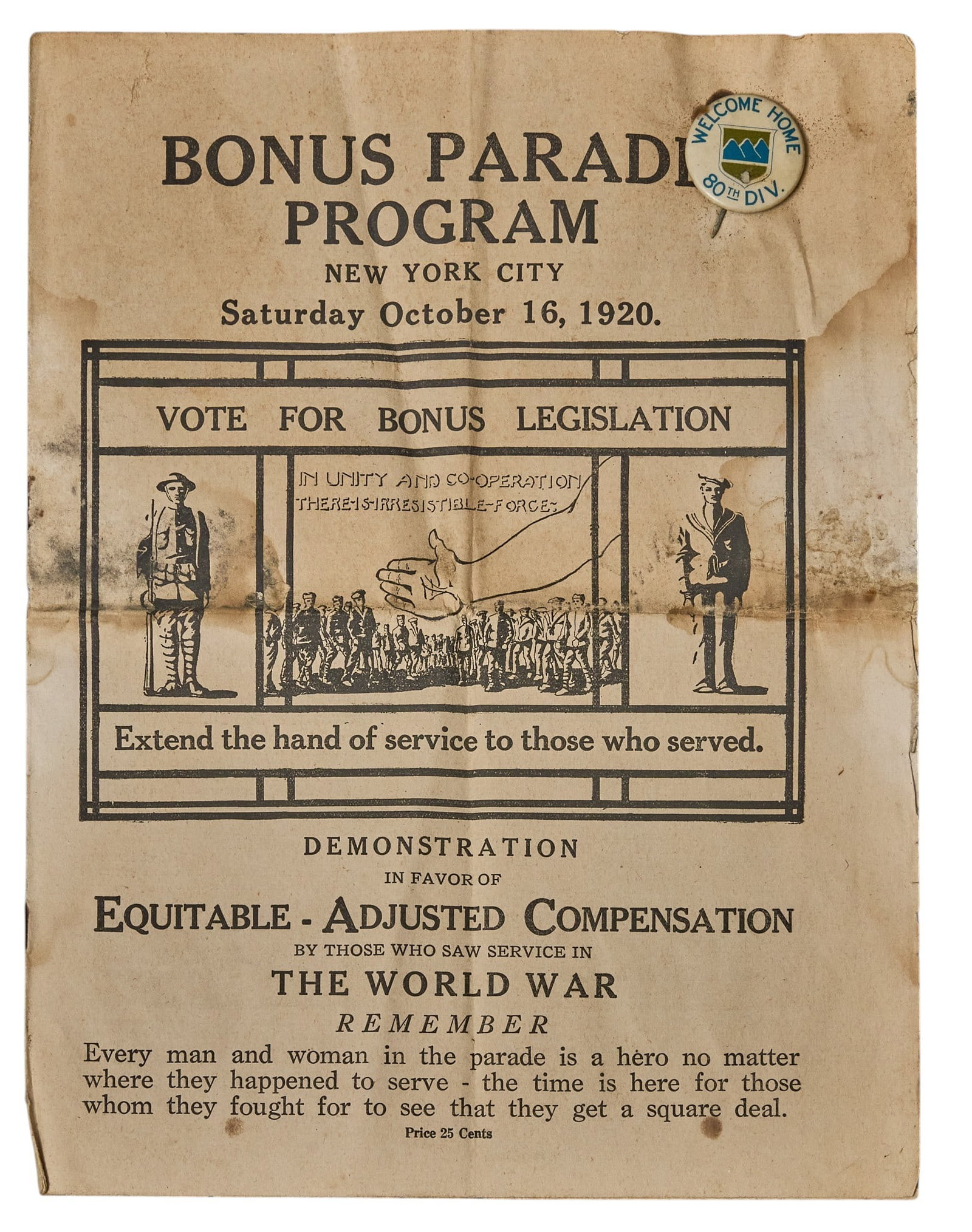 Red McCombs | WWI Veteran Bonus Parade Broadside: Vintage broadside from October 16, 1920, advertising a "Bonus Parade Program" in New York City advocating for equitable-adjusted compensation for World War I veterans, with slogan "In Unity and