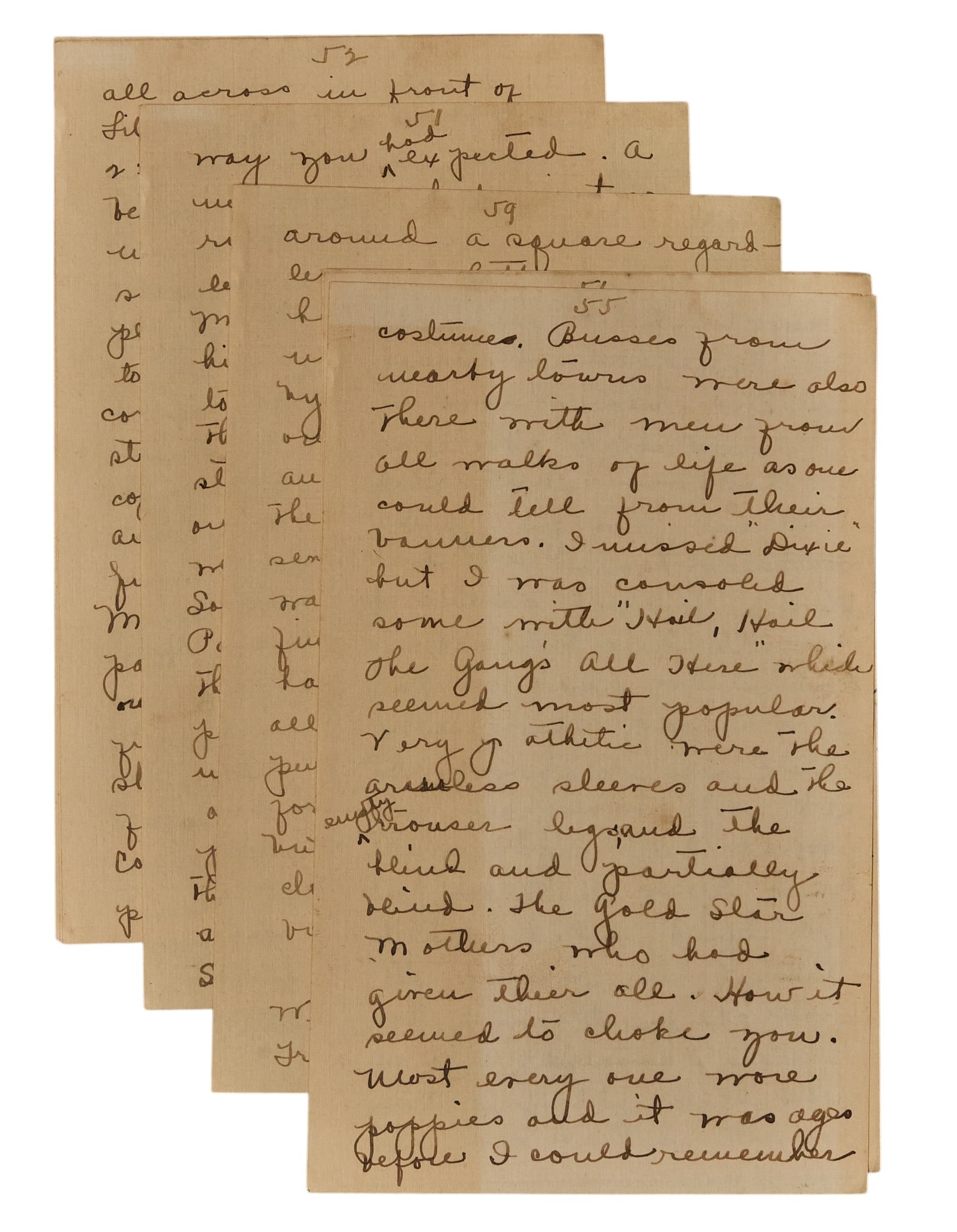 Red McCombs | WWI Veteran Bonus Parade Program Correspondence: Nine hand-written pages describing the attendance of the Bonus Parade Program in New York on October 16, 1920, detailing a visit near B. Altman department store, and an expedition to watch a parade