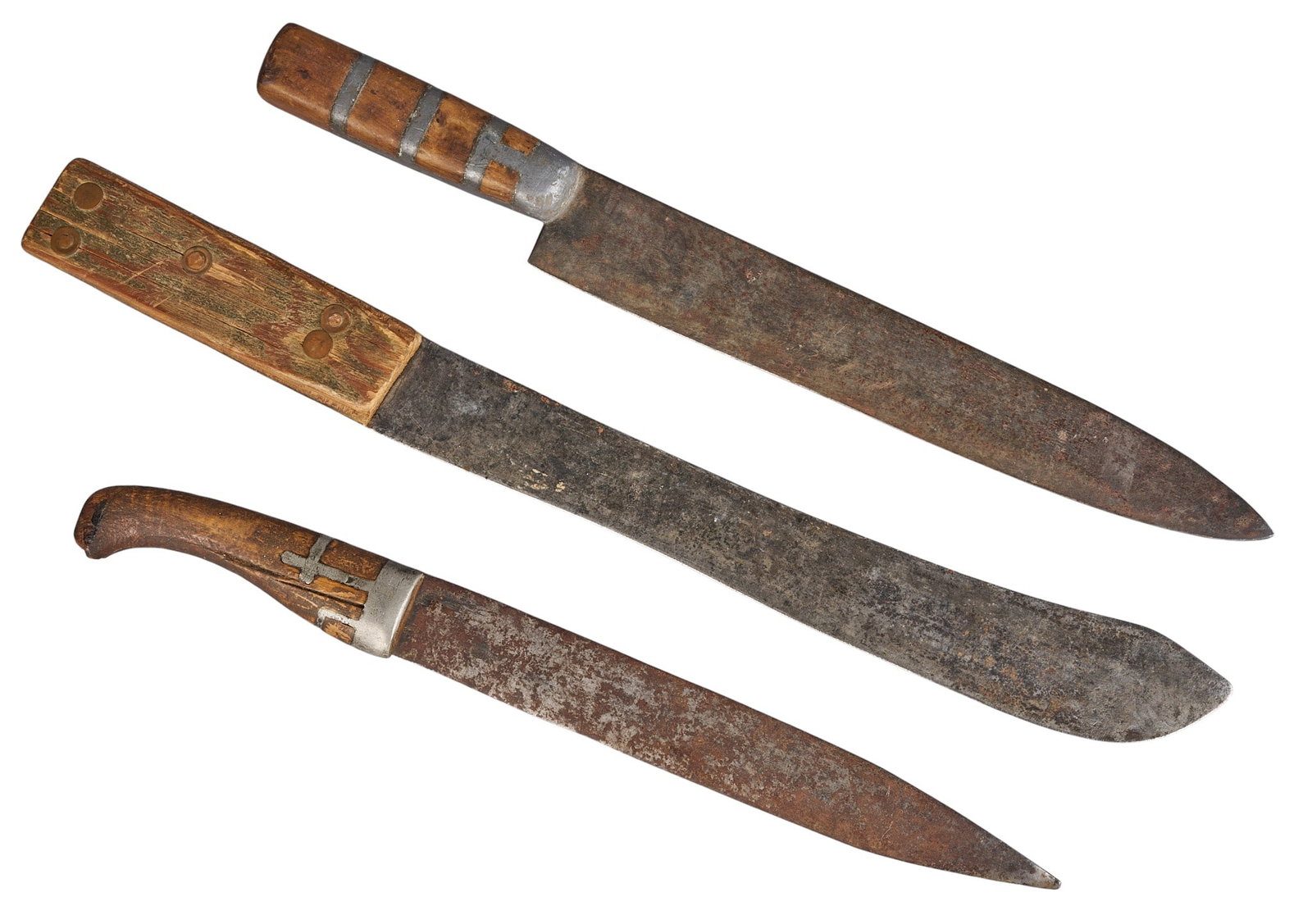 Red McCombs | Collection of (3) Frontier Blades: Group of 3 antique frontier blades -Primitive frontier butchers knife w/ leather sheath & belt ring (18.75 in. OAL) -Primitive frontier dagger w/ wood & pewter handle (15.75 in. OAL) -Buffalo hunters 