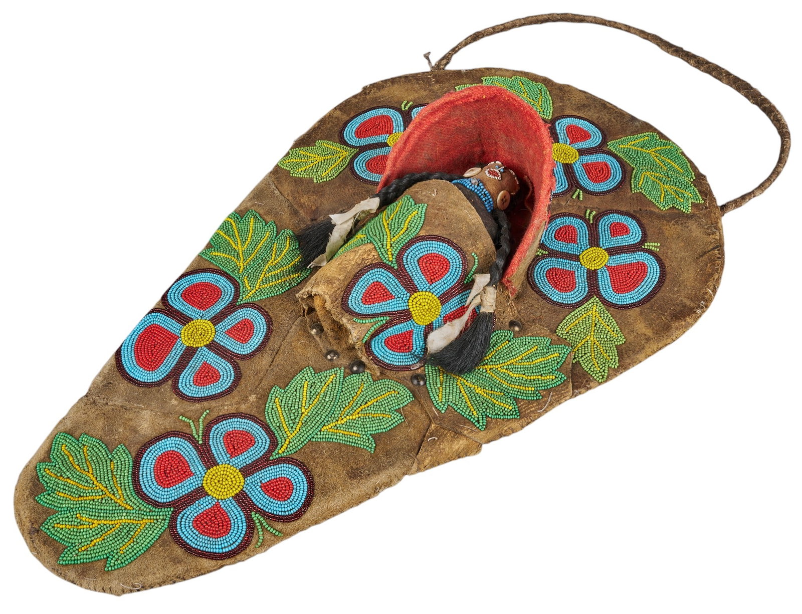 Red McCombs | Beaded Cradle Board and Doll: Native American beaded cradleboard and doll, circa late 19th century height 24 in. x width 15 in. x depth 5.5 in. Provenance: Property from the personal estate collection of iconic Texas businessman, 