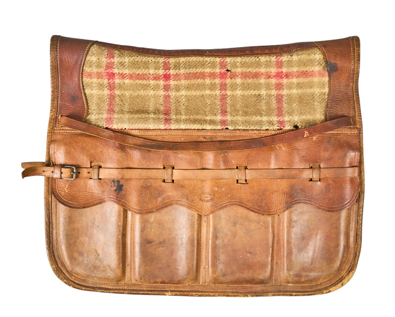 Red McCombs | Rare Express Carriers Bag J.O. Kane-San Francisco: Rare Express carrier's bag for correspondence, currency or ore samples, featuring tartan plaid flap, and marked "J.O. Kane, San Francisco"