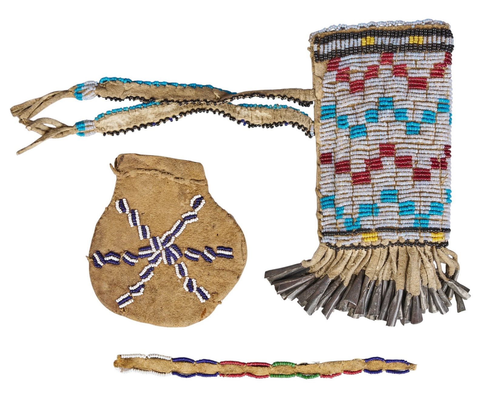 Red McCombs | (2) Beaded Pouches: Two beaded Native American pouches, includes on featuring numerus fringe details further decorated with metal cones, and one smaller example with detached strap height 6.5 in. x width 3.5 in. x depth 