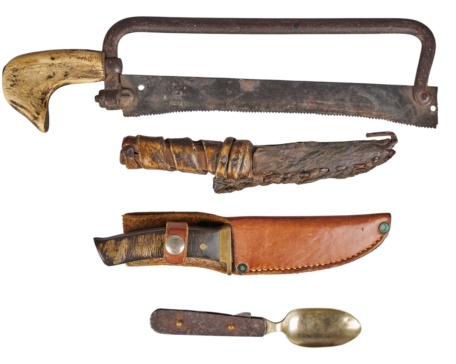 Red McCombs | (4) Antique Tools: Four antique tools, utensils, and blades, including a heavy-frame amputation saw with bone handle, one compact knife with leather wrapped handle and leather sheath, and one fixed-blade knife with