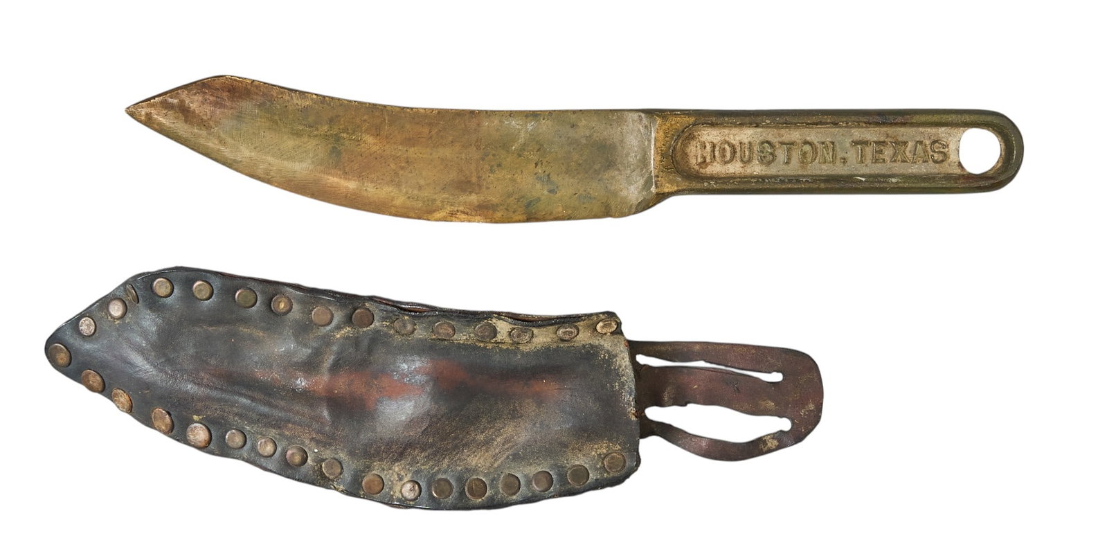 Red McCombs | King Explosives Houston Brass Miners Knife with Sheath: Unusual bronze knife by King Explosives Company, Houston, with original scabbard; company was in operation during the early part of the 20th&nbs