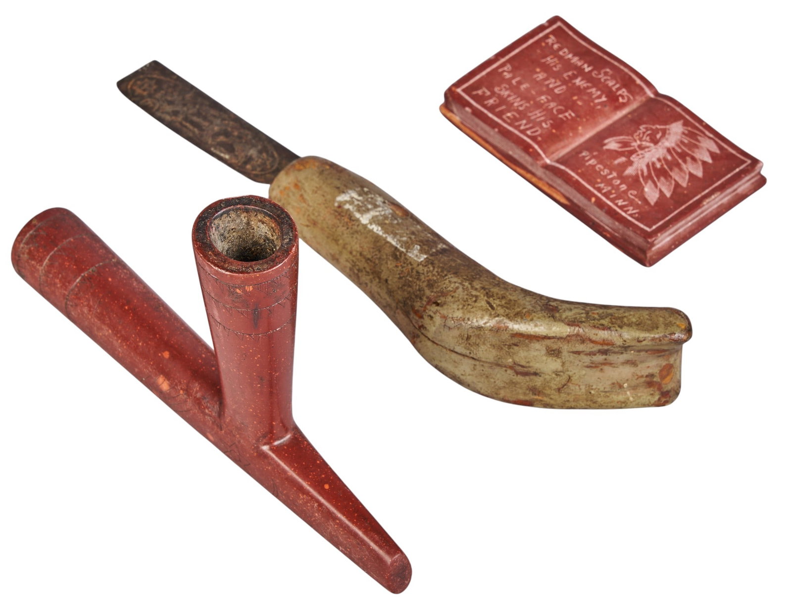 Red McCombs | (3) Native American Items: Three Native American items, includes a catlinite pope bowl, a fixed-blade scalping knife, and one carved catlinite block trade item, inscribed "Redman scalps his enemy and his friend -