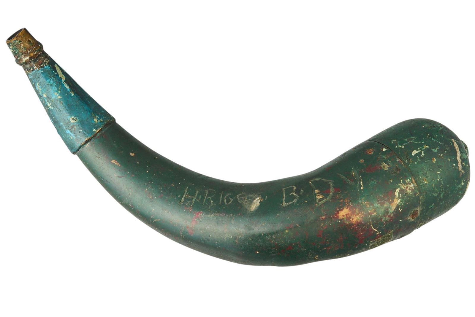 Red McCombs | Cherokee Green-Painted Powder Horn: Early American painted powder horn used by a Cherokee Indian member of the Delaware regiment, marked "H. RIGGS BDV" length 14 in