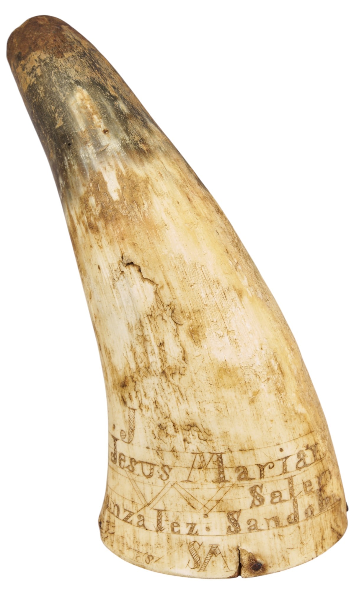 Red McCombs | 1836 Dated Pistol Powder Horn: Pistol size powder horn believed to be Mexican, featuring Spanish inscription "Jesus Maria Saler Gonzalez : Sandolb / SA", dated