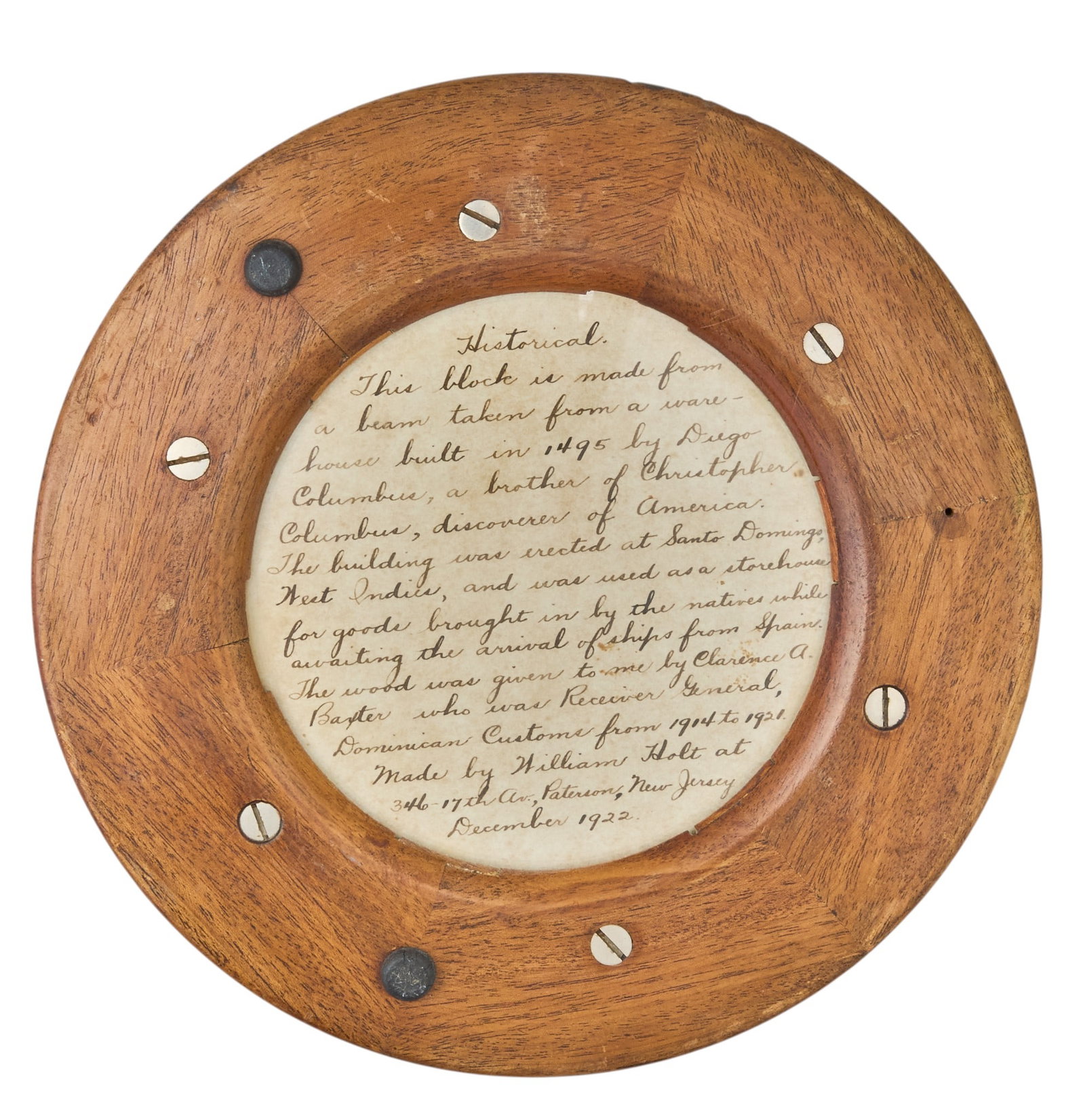 Red McCombs | Diego Columbus Poker Chip Holder: Wooden poker-chip holder crafted from a beam taken from the original warehouse built in Santo Domingo by Diego Columbus (brother of the Christopher Columbus) in 1494-95; the warehouse had been built t