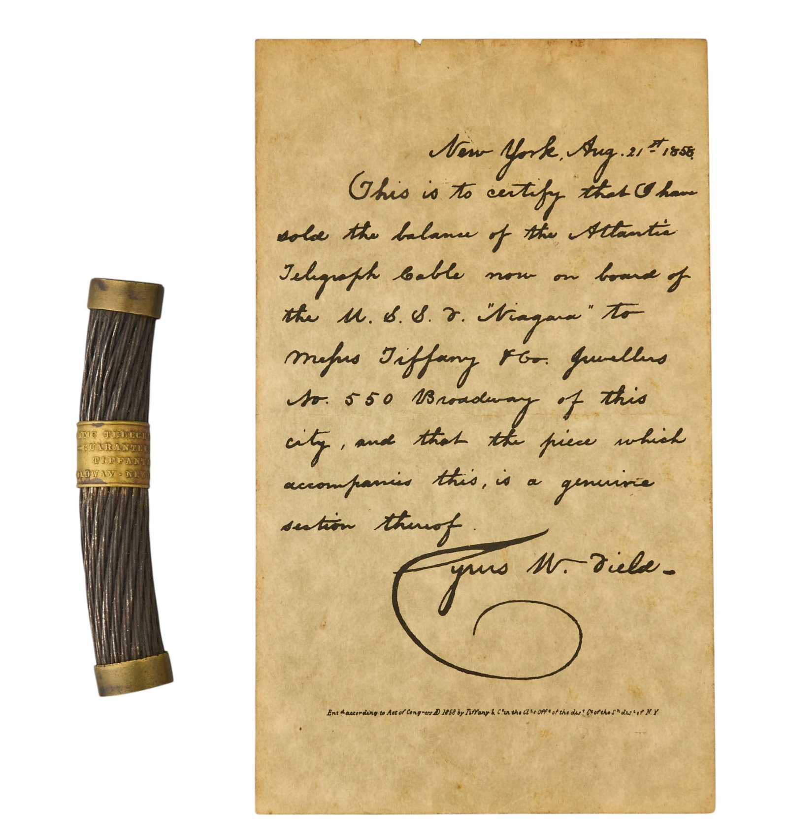 Red McCombs | Piece of 1858 Telegraph Cable and Letter: Piece of the pioneering underwater cable that connected North America and Europe, salvaged and turned into a collector's souvenir by Tiffany & Co., accompanied by hand-written letter dated August 21, 
