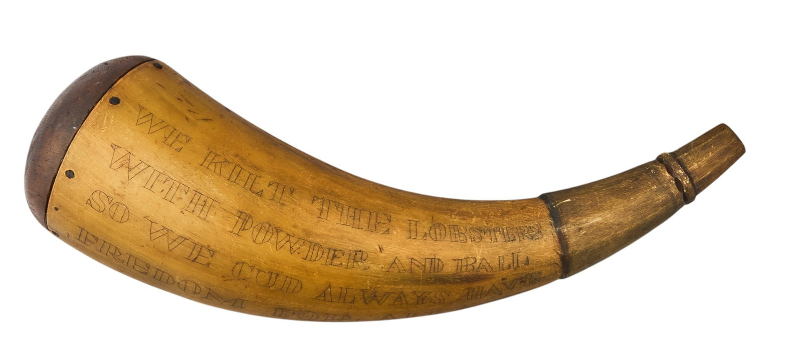 Red McCombs | 1779 Moses Taylor Inscribed Powder: Revolutionary War scrimshaw powder horn inscribed "WE KILT THE LOBSTERS / WITH POWDER AND BALL / SO WE CUD ALWAYS HAVE / FREDOM FOR AL
