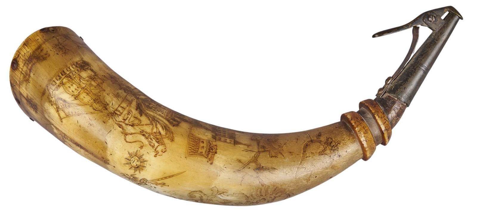 Red McCombs | British Admiral Vernon Caribbean Incursion Scrimshaw Powder Horn (1 of 12)