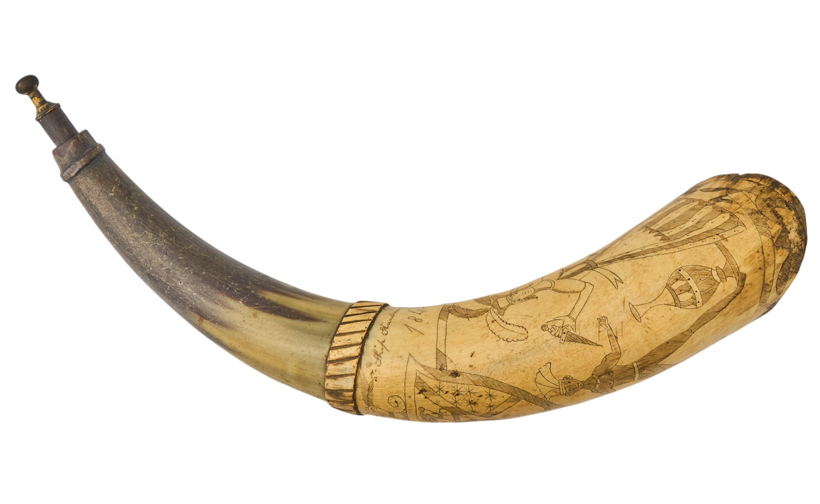 Red McCombs | 1842 Dated Scrimshaw Powder Horn: Large powder horn superbly decorated with artistic nautical scrimshaw, and inscribed "Ship Standings Goalie, 1842" with scrimshawed fi