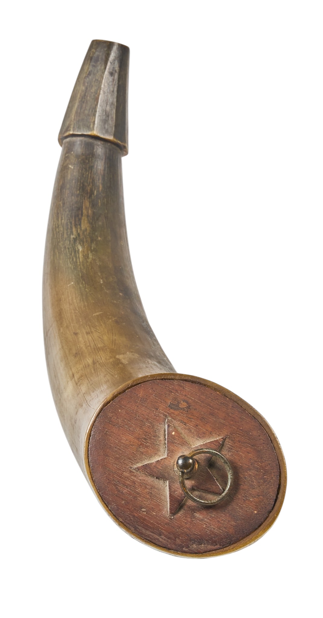 Red McCombs | Antique Texas Powder Horn: Medium size powder horn with wooden base featuring star motif, usually associated with the American Southwest or Texas, circa 19th century length 11 x width 4 in. x depth 3 in. Provenan