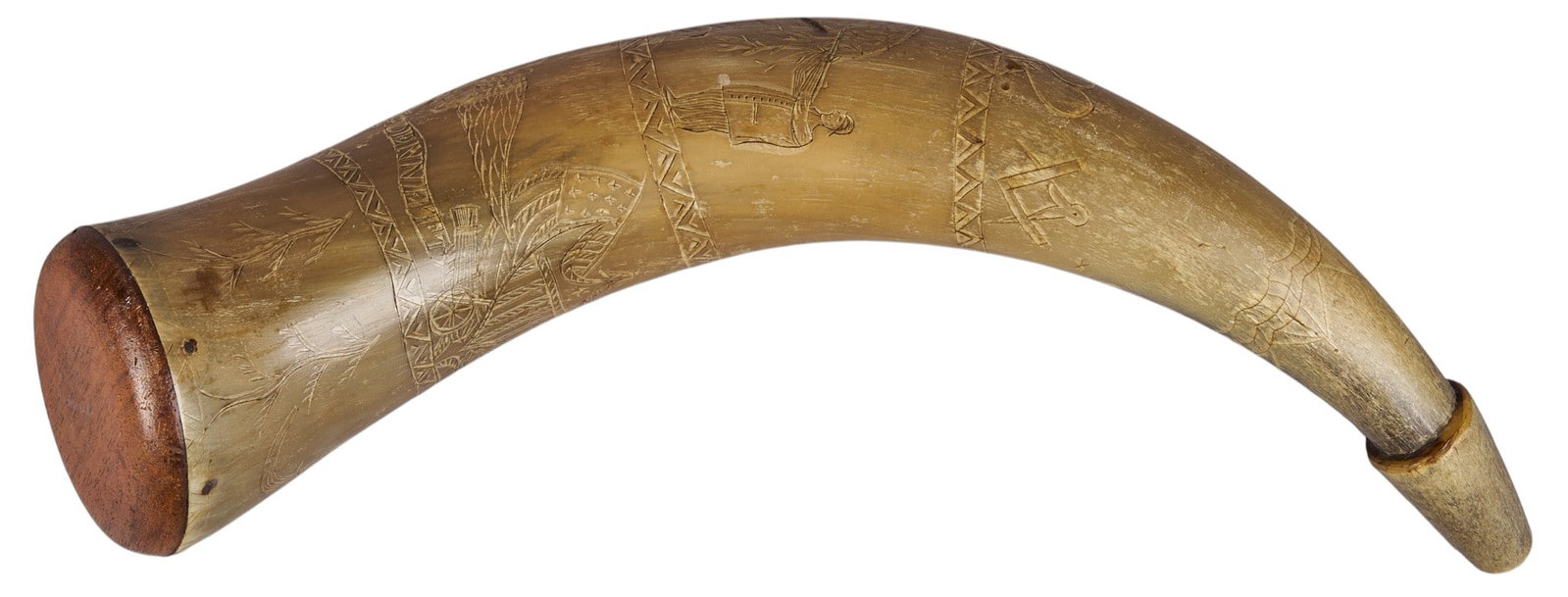 Red McCombs | 19th Century Named Scrimshaw Powder Horn: "JOHN D. / DENNETT" signed powder horn w/ extensive mixed style scrimshaw; including patriotic symbols, hunting scene, elephant, and nautical symbols length 13.5 in. x width 5.75 in. x depth