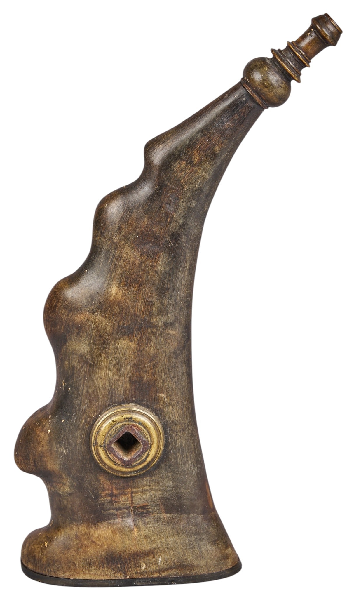 Red McCombs | Wheellock Rifle Powder Horn: Unusual flat powder horn with grips and a square key device at the bottom for wheel lock mechanism, designed to accompany a wheellock rifle or p