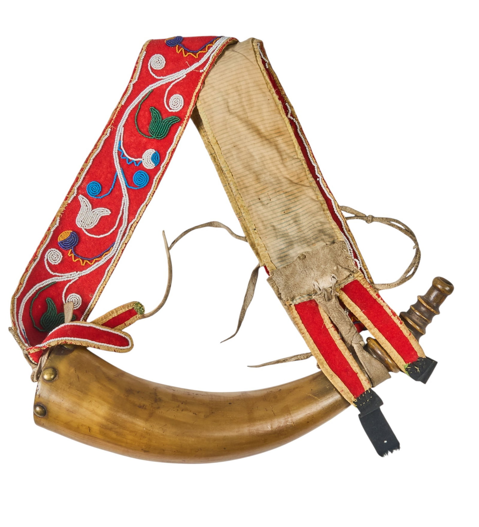 Red McCombs | Turquoise Indian Powder Horn with Beaded Strap: Turquoise scrimshaw-inscribed powder horn with original beaded carrying strap, circa late 18th century, might have seen service during the Ameri