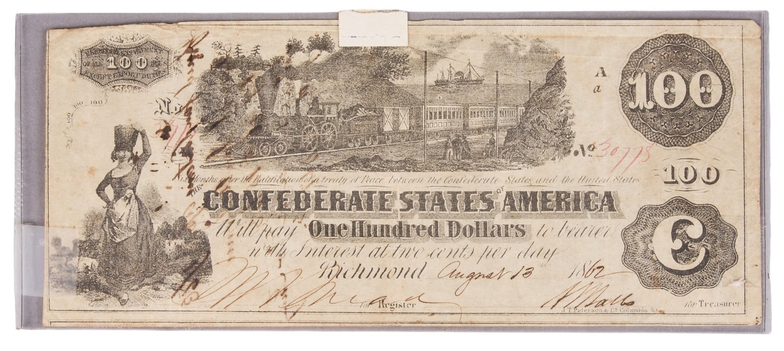 Red McCombs | 1862 Dated CSA $100 Note Issued in San Antonio: 1862 Confederate $100 note, issued in San Antonio on Oct. 26th, 1863, handwriting on the back documenting it's movement 3.5 in. H x 8 in. W (in plastic sleeve) Provenance: Property from the person