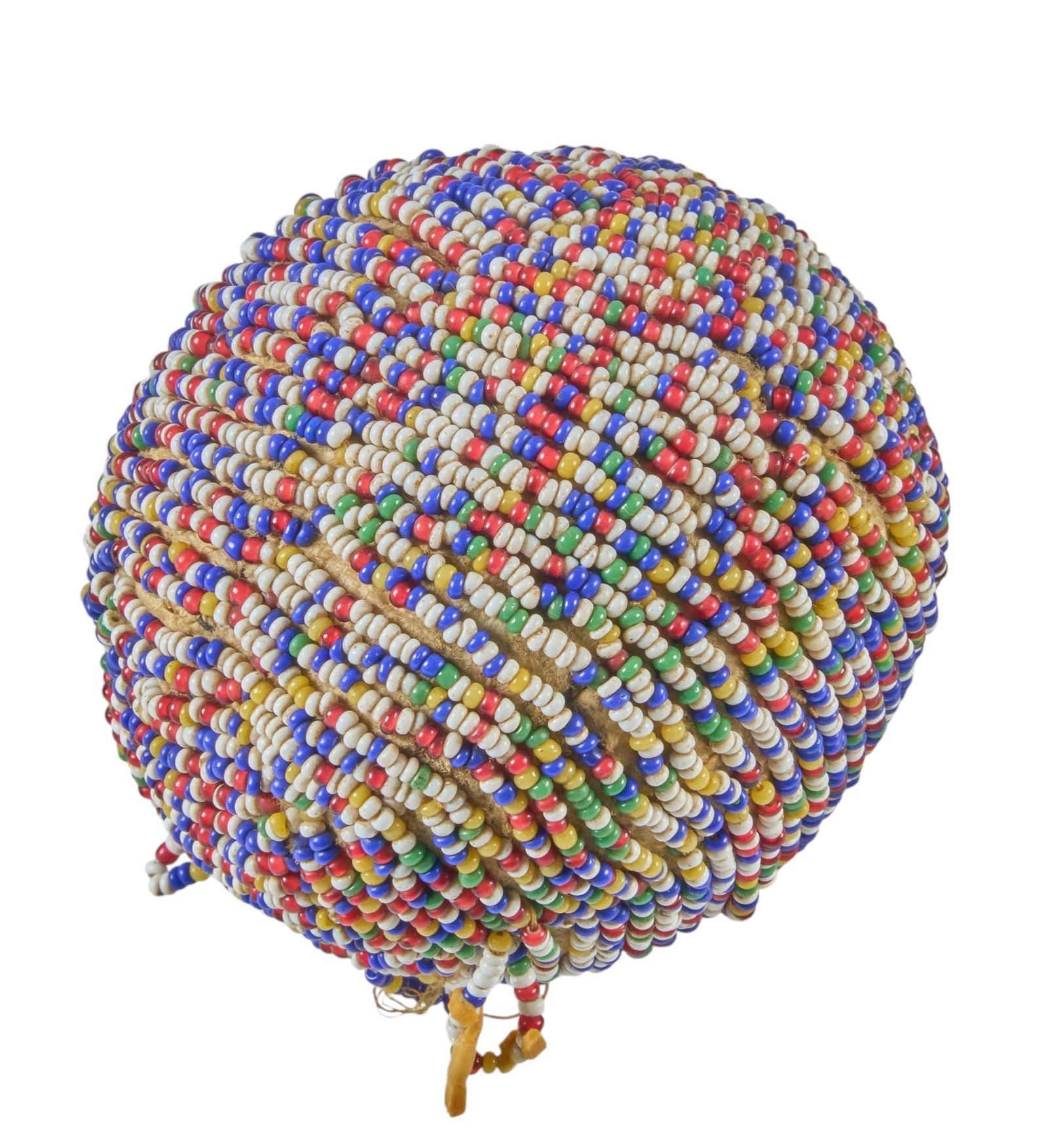 Red McCombs | Beaded Native American Umbilical Cord Container Ball: Indian women's beaded umbilical cord fetish ball container, often called navel amulets, they were used as a spiritual charm to protect a newborn's health, grant a long life, and maintain 