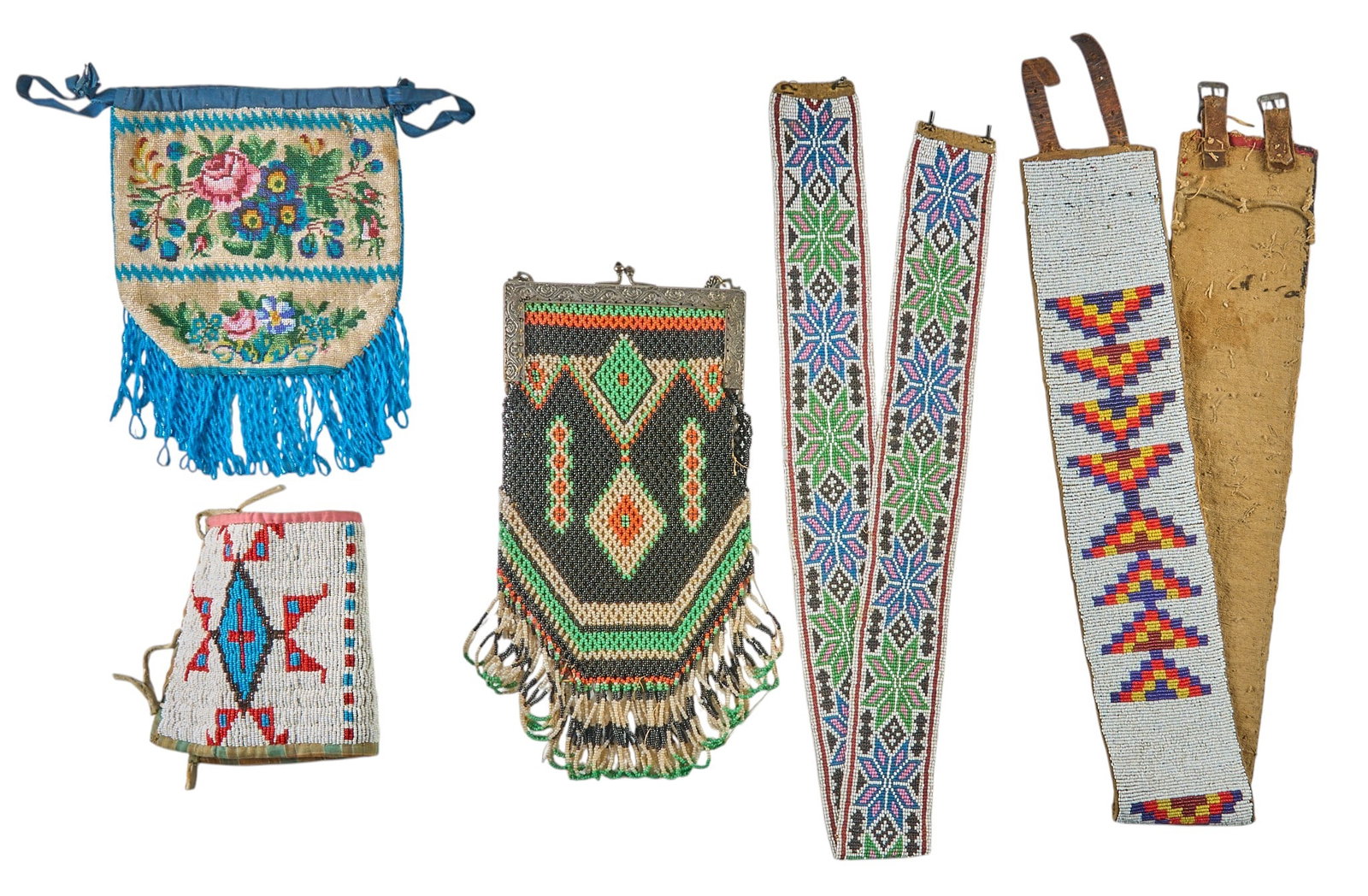 Red McCombs | (5) Beaded Native American Accessories: Collection of five beaded Native American accessories, includes two belts, two pouches, and one cuff length 11.5 in. x width 6 in. / largest Provenance: Property from the personal estate collect