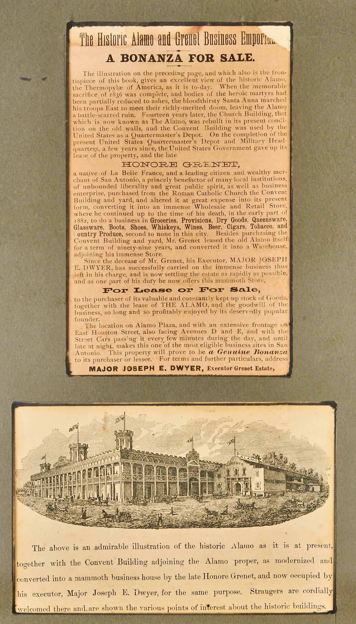 Red McCombs | 1882 Framed Alamo Lease Document and Illustration: 1882 framed Alamo lease document and illustration height 16.5 in. x width 13.5 in. / frame Provenance: Property from the personal estate collection of iconic Texas businessman, civic leader and philan