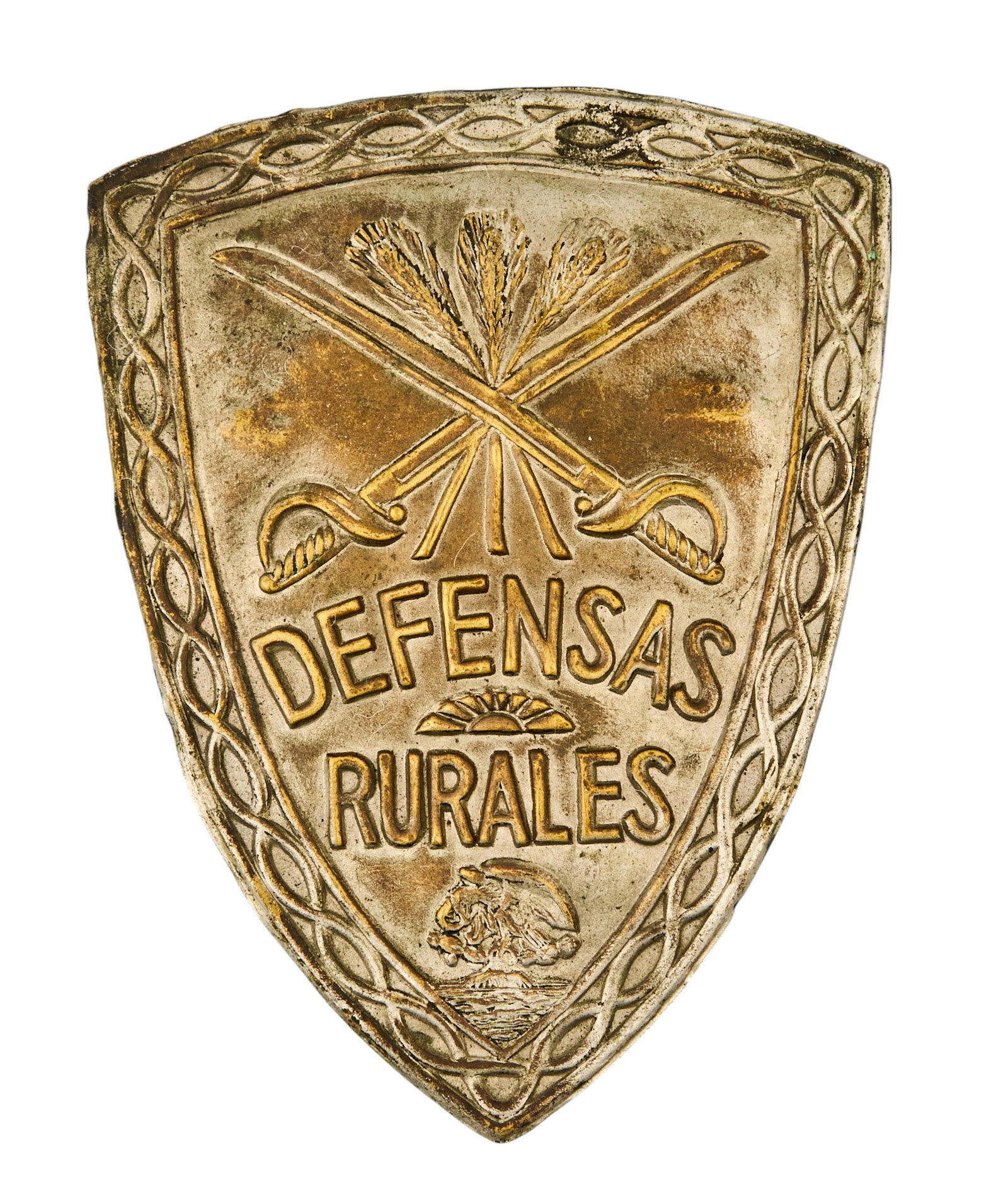 Red McCombs | Mexican Rurales Hat Plate: Mexican identification hat plate "Rurales", circa early 20th century height 6.25 in. x width 5.25 in. x depth 0.75 in. / display case Provenance: Property from the personal estate collection