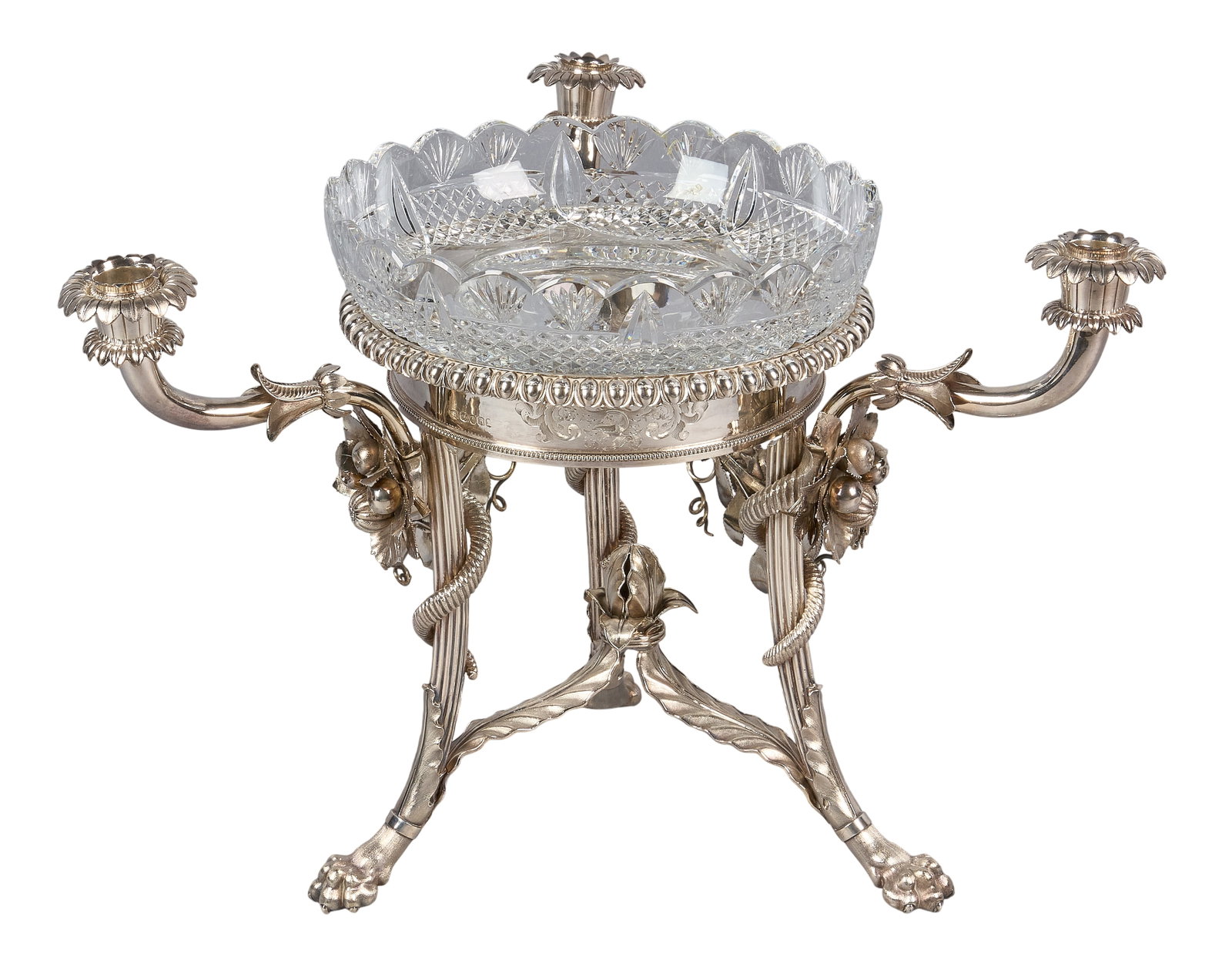 Red McCombs | Georgian Sterling Silver Epergne: Late Georgian sterling silver epergne centerpiece with central cut glass bowl and foliate motif design to frame, raised on paw feet, London, 1823-24 height 13 in. x width 18 in. x depth 11 i