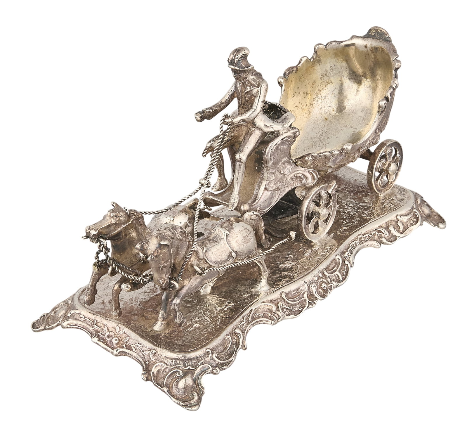 Red McCombs | Victorian Sterling Silver Carriage Salt Cellar: Victorian sterling silver salt cellar, depicting a horse-drawn carriage on repoussé base, hallmarked, London, 1891 height 3 in. x width 6 in. x depth 3 in. Total weight: 8.6 ozt