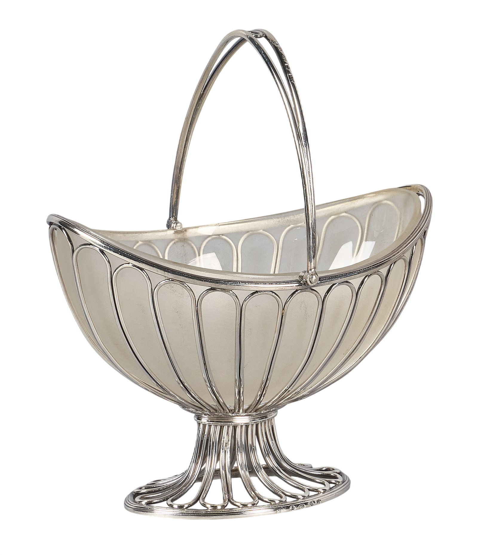 Red McCombs | Victorian English Sterling Silver Basket: Mid-Victorian English sterling silver basket with internal glass liner, on pedestal base, London height 5 in. x width 7 in. x depth 5 in. Total weight: 9.4 ozt
