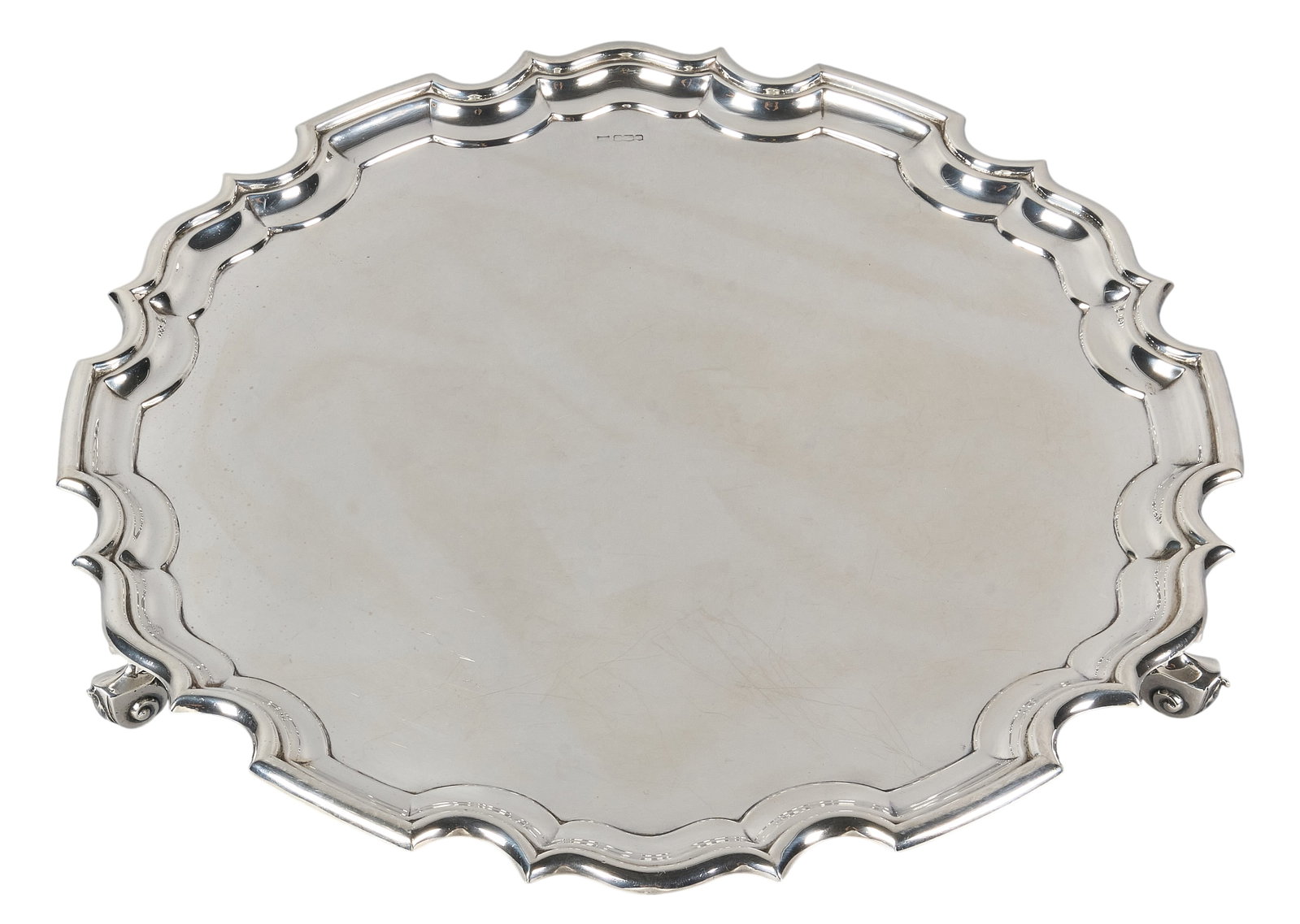 Red McCombs | Antique Sheffield Sterling Silver Service Tray: Antique Sheffield sterling silver Chippendale style service tray, featuring scalloped edge and scrolled feet, circa 1918 height 2 in. x width 20 in. x depth 20 in. Total weight: 92.2 ozt