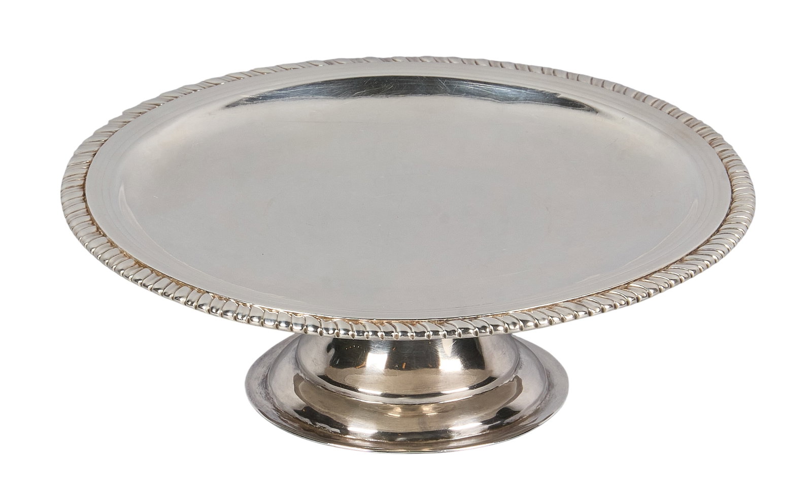 Red McCombs | John Wisdome Sterling Silver Footed Card Tray c. 1700: Sterling silver circular card tray on pedestal base by John Wisdome, London, 1700, featuring patterned border, hallmarked height 2 in. x diameter 7 in. Total weight: 10.9 ozt