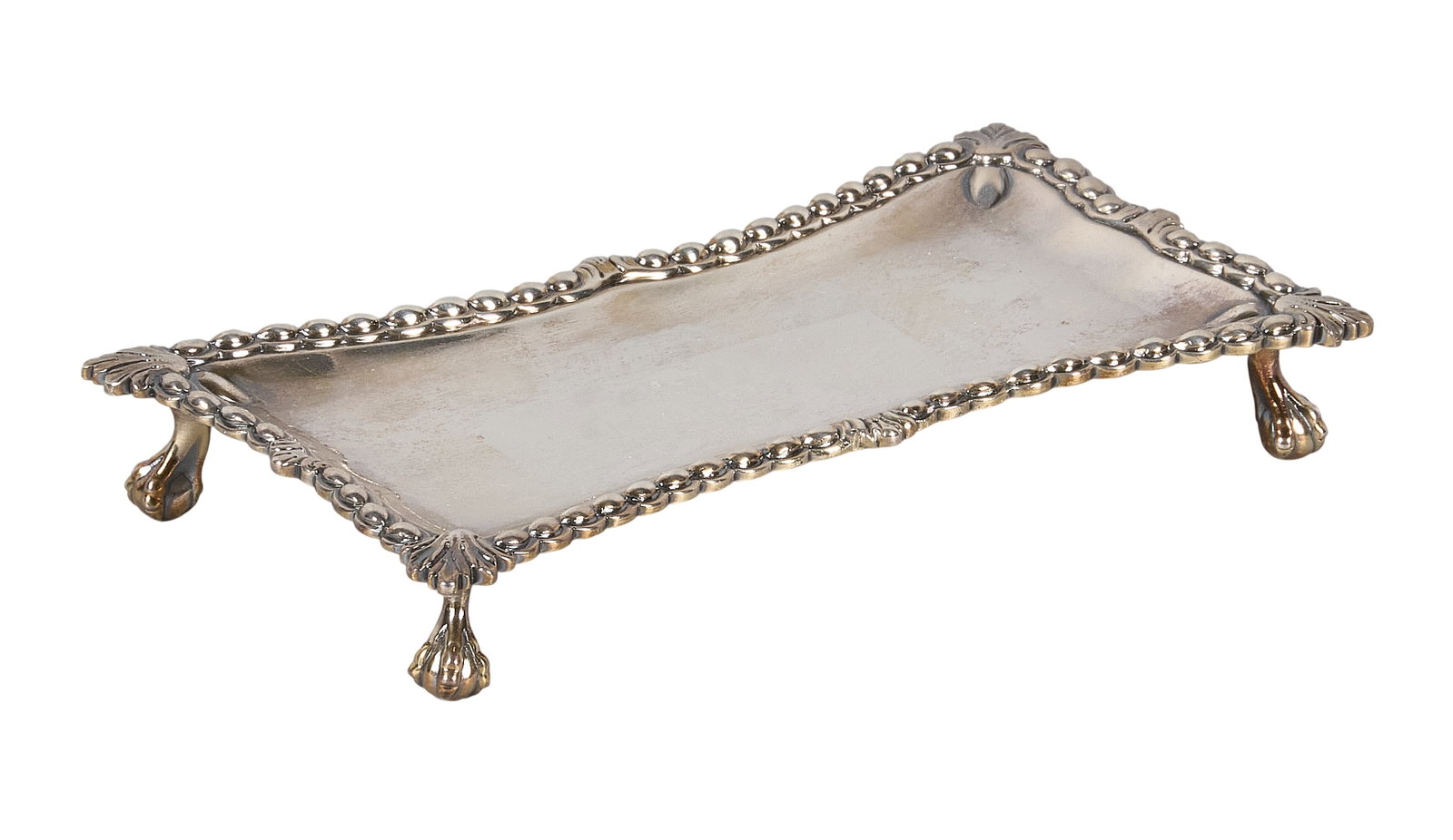 Red McCombs | English Sterling Silver Card Tray: English sterling silver card tray featuring beaded border and shell corners, raised on ball and claw feet, hallmarked height 1 in. x width 7 in. x depth 4 in. Total weight: 5.7 ozt