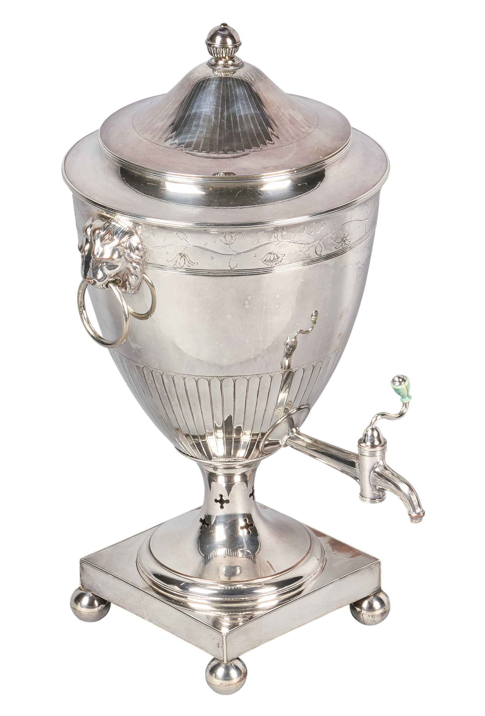 Red McCombs | Victorian Silverplate Hot Water Tea Urn: Victorian silverplate hot water or tea urn, featuring domed lid with finial, lion's head ring handles, on pedestal base raised on ball feet, hallmarked height 18.5 in. x width 10 in. x d