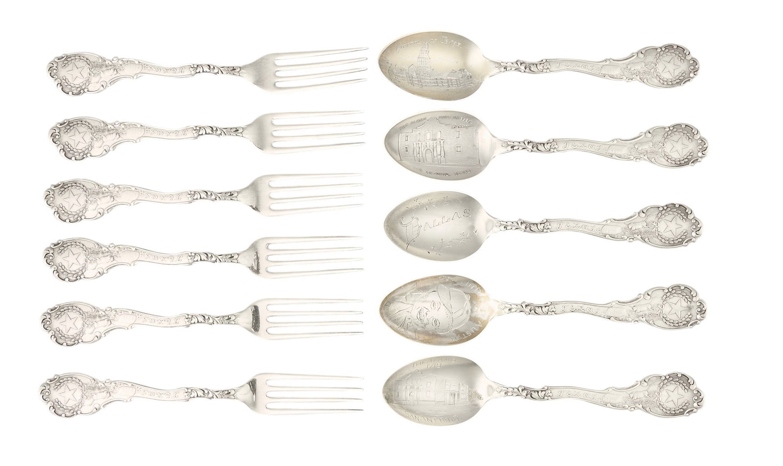 Red McCombs | (11) Pc Sterling Silver Texas Souvenir Flatware Set: Eleven-piece sterling silver Texas souvenir flatware set, with five teaspoons and six small forks, each with highly decorated sterling silver handle and each spoon depicting a famous Texas landma