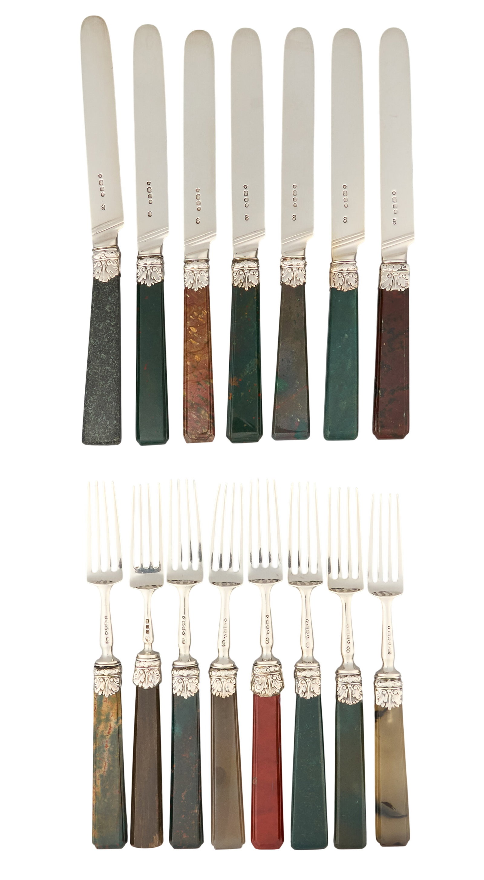 Red McCombs | Victorian Sterling Silver Agate Fruit Set: Set of fifteen George Angell & Company sterling silver fruit utensils, to include seven knives and eight fruit forks, each with agate handles in various colors, hallmarked, London, 1847-48 Length: