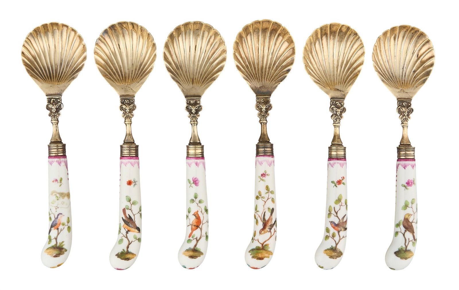 Red McCombs | (6) Cased Victorian Sterling Silver Desert Spoons: Set of six sterling silver dessert spoons with porcelain handles depicting flora and fauna motifs, by John & Frank Parpoint, London, 1885-86, with presentation box, height 2 in. x width 12.5 