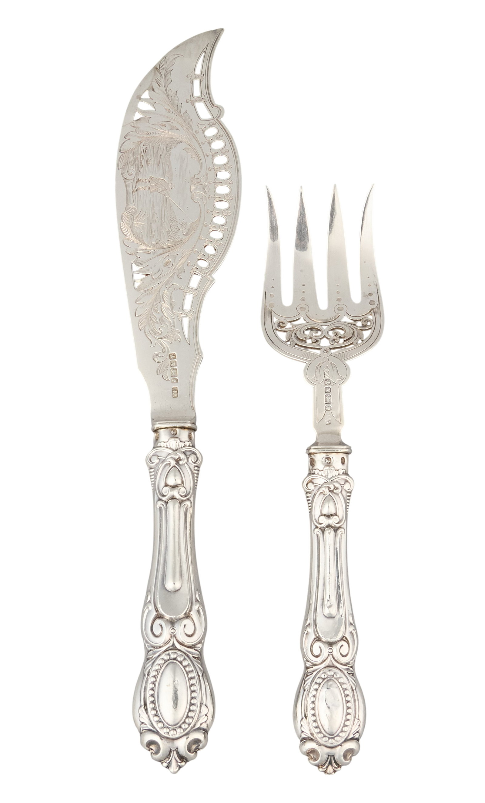 Red McCombs | Victorian Sterling Silver Fish Set: Victorian sterling silver fish set by Henry Archer & Co., to include fish fork and knife with repoussé handles, Sheffield, 1865–66 Length: 12 in. / longest Total weight: 8.3 ozt
