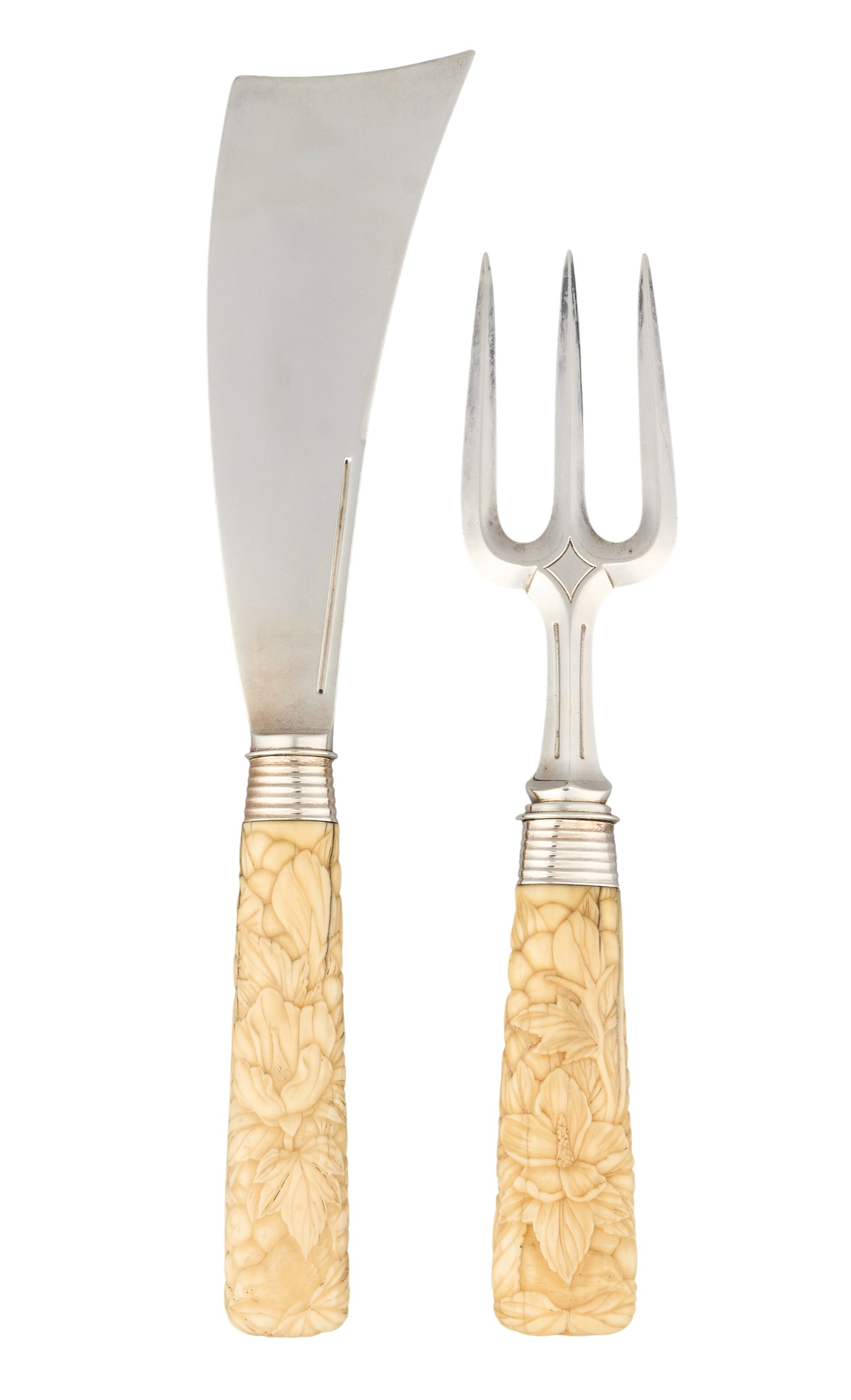 Red McCombs | Victorian Sterling Silver Meat Set: Victorian sterling silver meat servers by Francis Higgins III, London, 1898–99, to include meat fork and knife with carved ivory handles, retailed by Handley & Wood Inc. Length: 12.5 in. / l