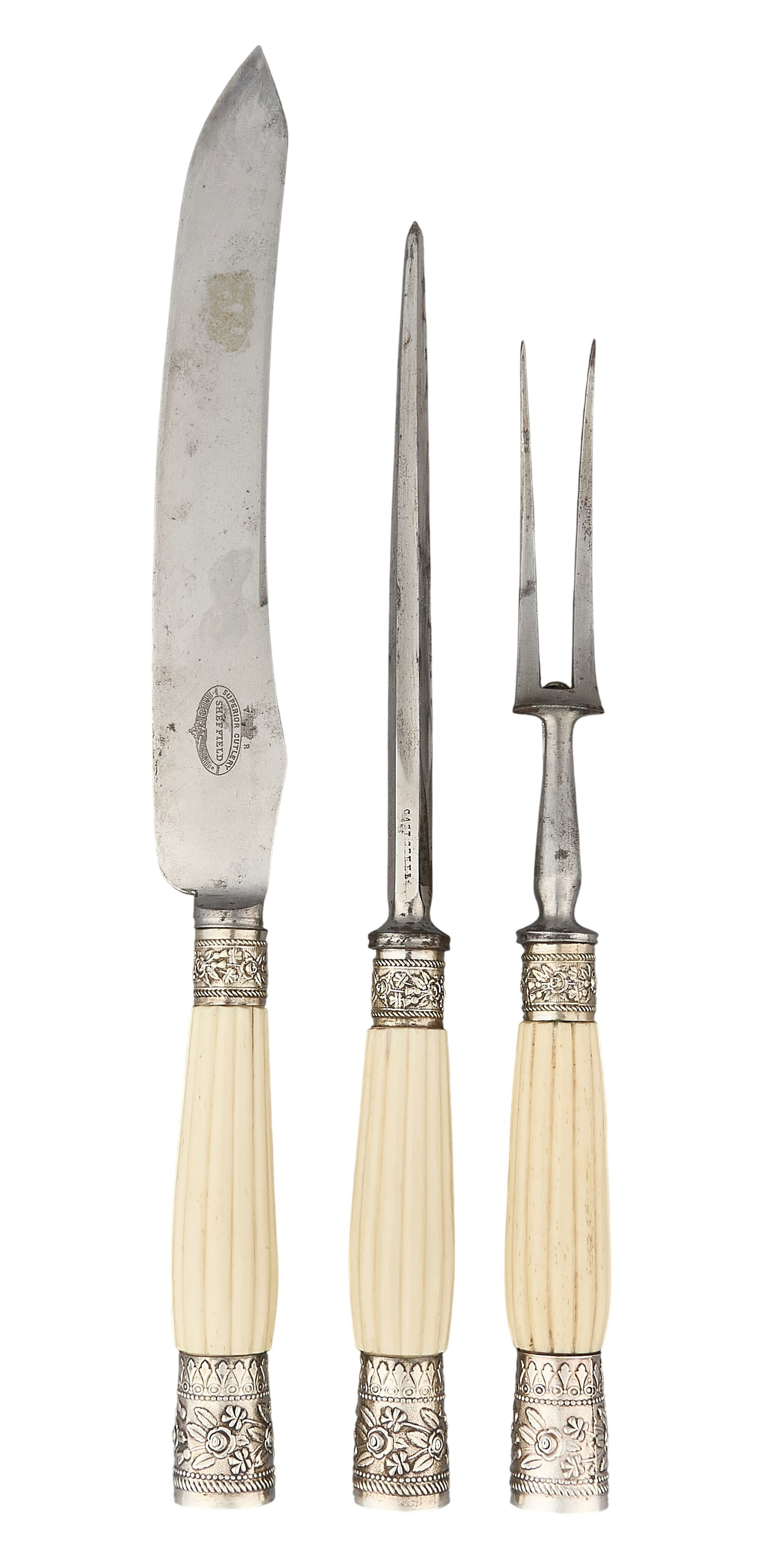 Red McCombs | Victorian Master Carving Set: Late Victorian silver plate carving set, with carved ivory handles and presentation box height 2 in. x width 16 in. x depth 5 in. / box Provenance: Property from the personal estate collection