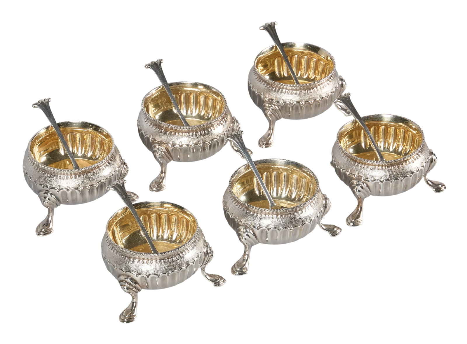 Red McCombs | (6) Victorian Sterling Silver Salt Cellars with Spoons: Set of six Victorian sterling silver salt cellars with spoons, by H.J. Lias & Son, London, 1871–72, with presentation case, non-matching hallmarks height 1.5 in. x diameter 2.5 in. / ea