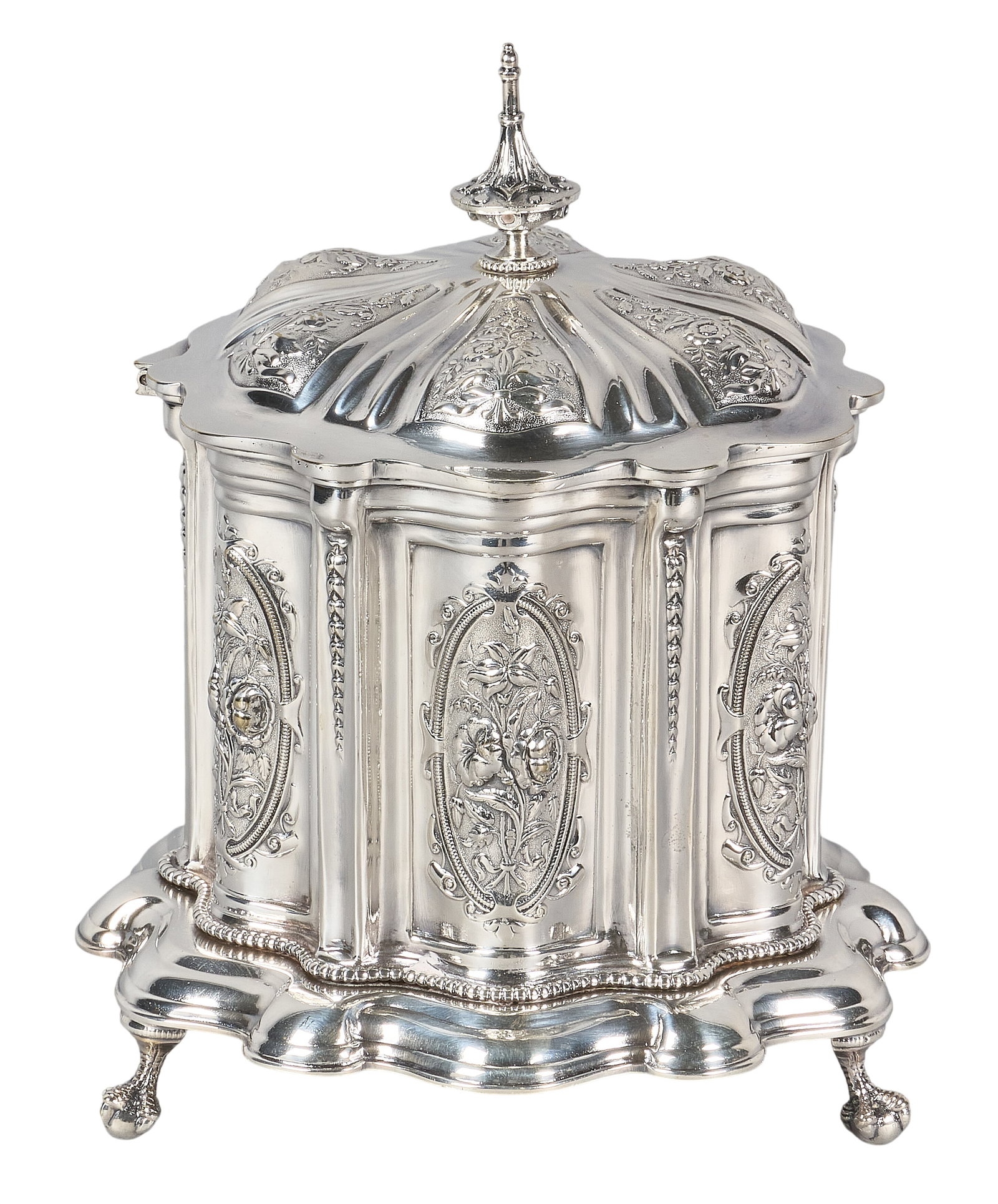 Red McCombs | Victorian English Silverplate Biscuit Casket: Victorian English silverplate biscuit casket, featuring repousse floral medallions, hinged domed lid with finial, raised on ball and claw feet height 9 in. x diameter 7 in.