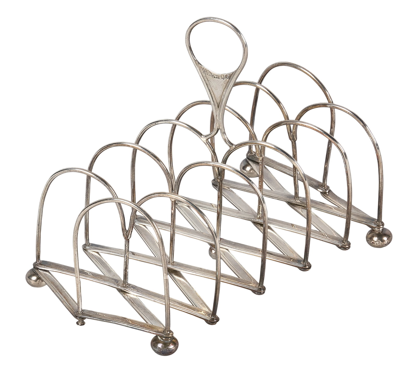 Red McCombs | English Sterling Silver Toast Rack: Victorian sterling silver toast rack with accordion-style folding body, featuring an engraved rooster motif to handle and hallmarks to reverse height 5 in. x width 12 in. x depth 4 in. Total weight: