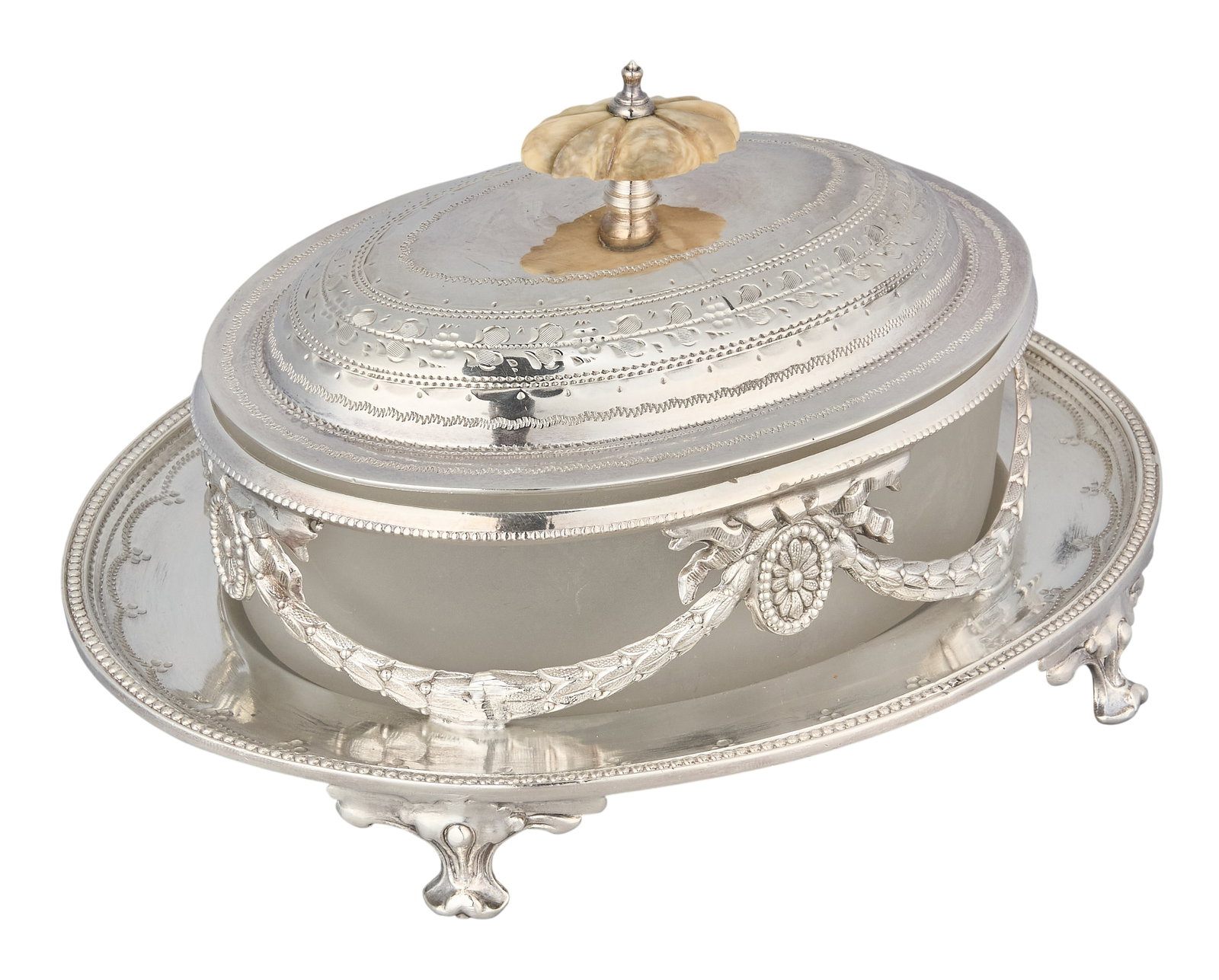 Red McCombs | Victorian Silverplate Sardine Box: Victorian silverplate sardine box, featuring engraved domed lid with finial, raised on scrolled feet, hallmarked height 5 in. x width 8 in. x depth 6 in.