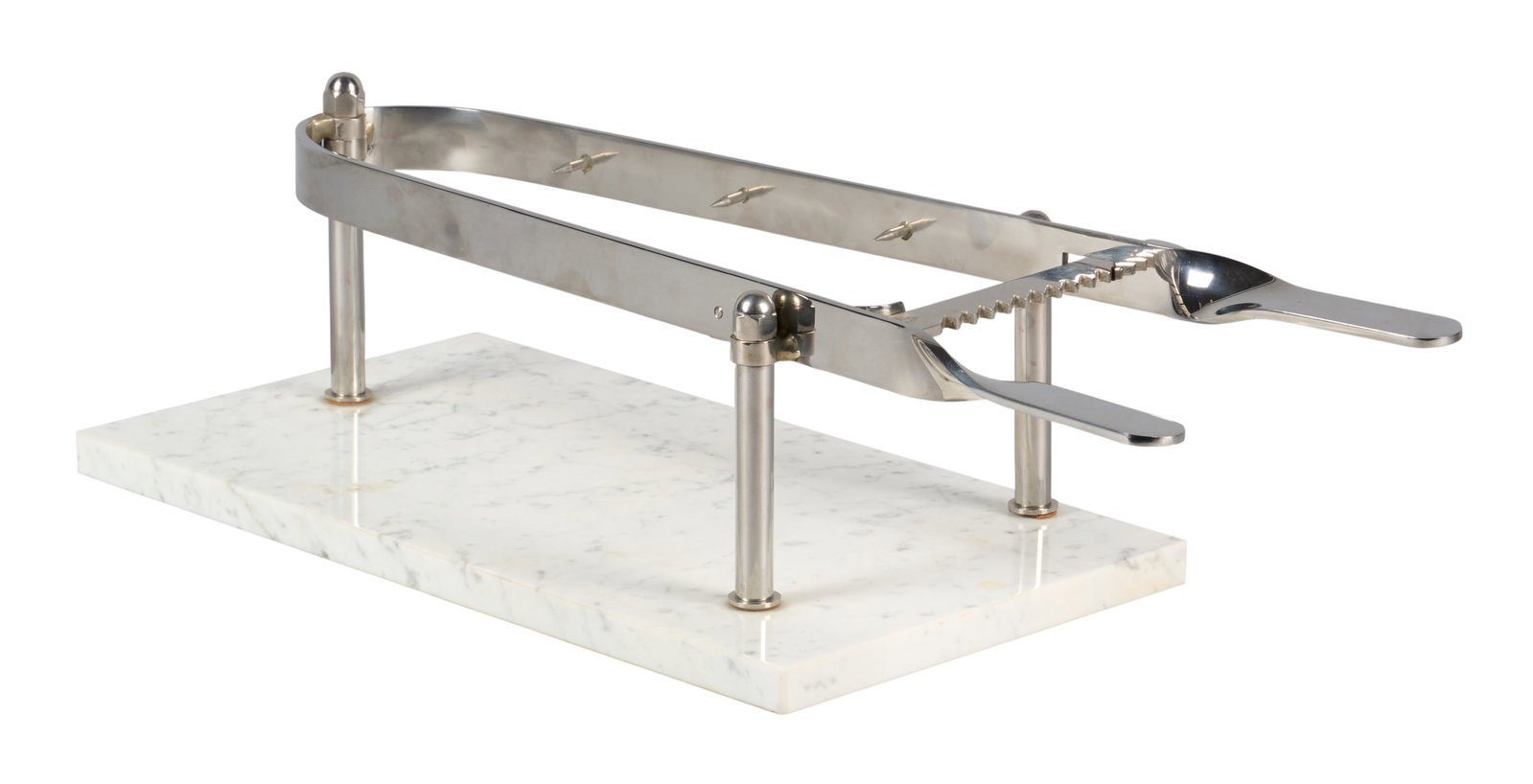 Red McCombs | French Marble & Chrome Meat Holder: French ham carving stand, adjustable mechanical form, featuring a marble base and stainless steel metal arms, marked "FRANCE INOX" height 7 in. x width 10.5 in. x depth 24 in.