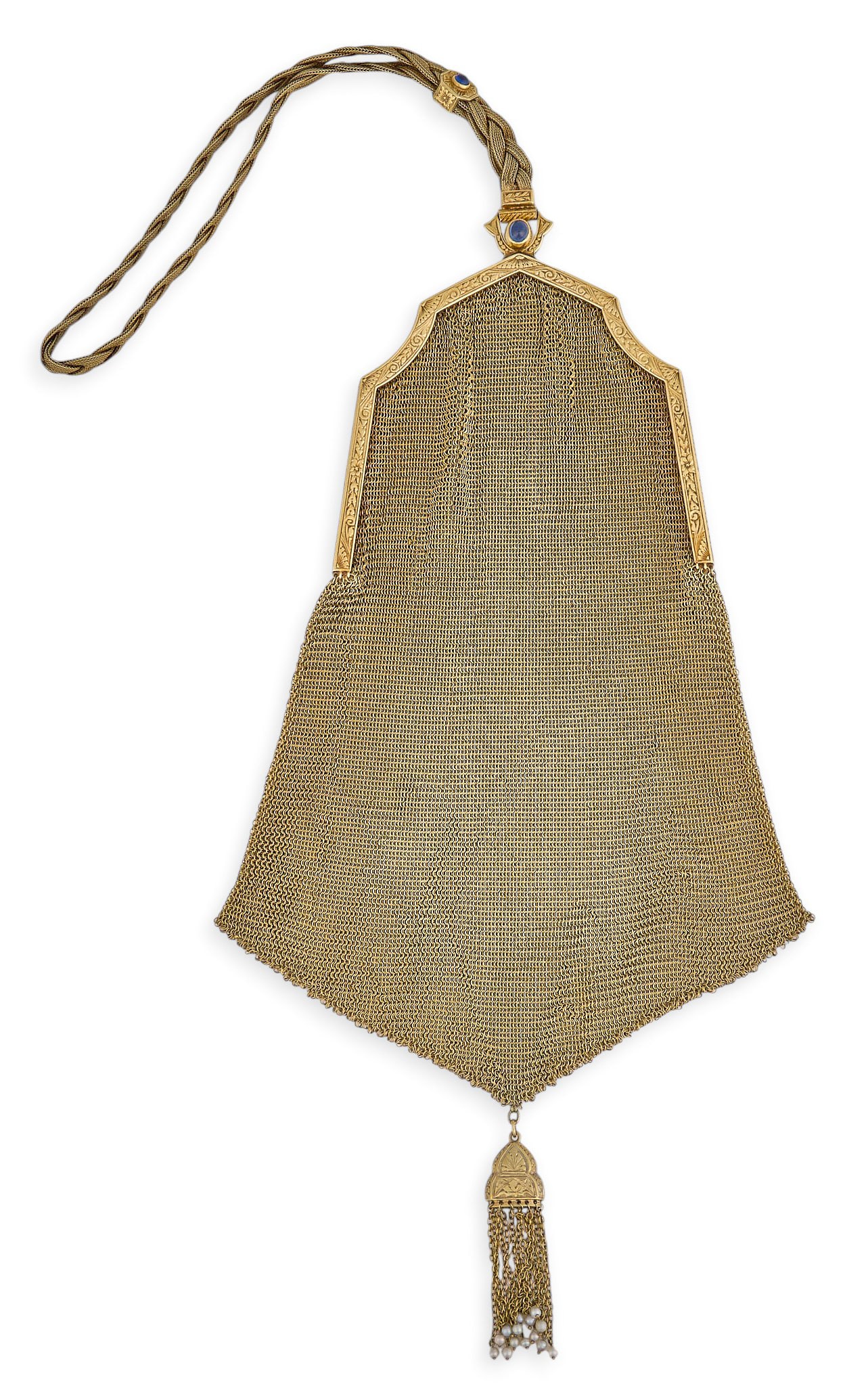 Red McCombs | 14K Art Deco Mesh Gold Purse: Art Deco 14K gold mesh metal purse featuring engraved frame with a sapphire thumb piece, adorned with a fancy braid handle and a pearl-embellished tassel Length: 8.5 in. / with tassel Total