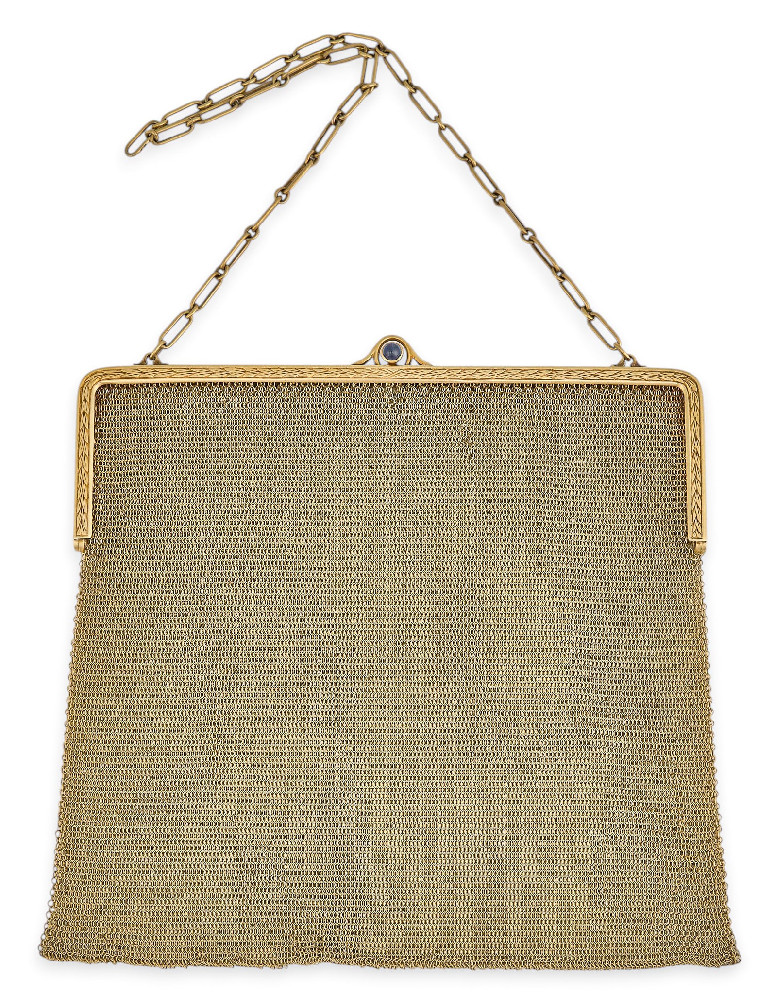 Red McCombs | Edwardian 14K Mesh Gold Purse: Edwardian 14K gold mesh purse featuring an engraved feather handle, chain mail metal body, and a sapphire thumb piece, with personalized engraving "Mrs. Sam A. Leake, Dallas, Texas", marked 