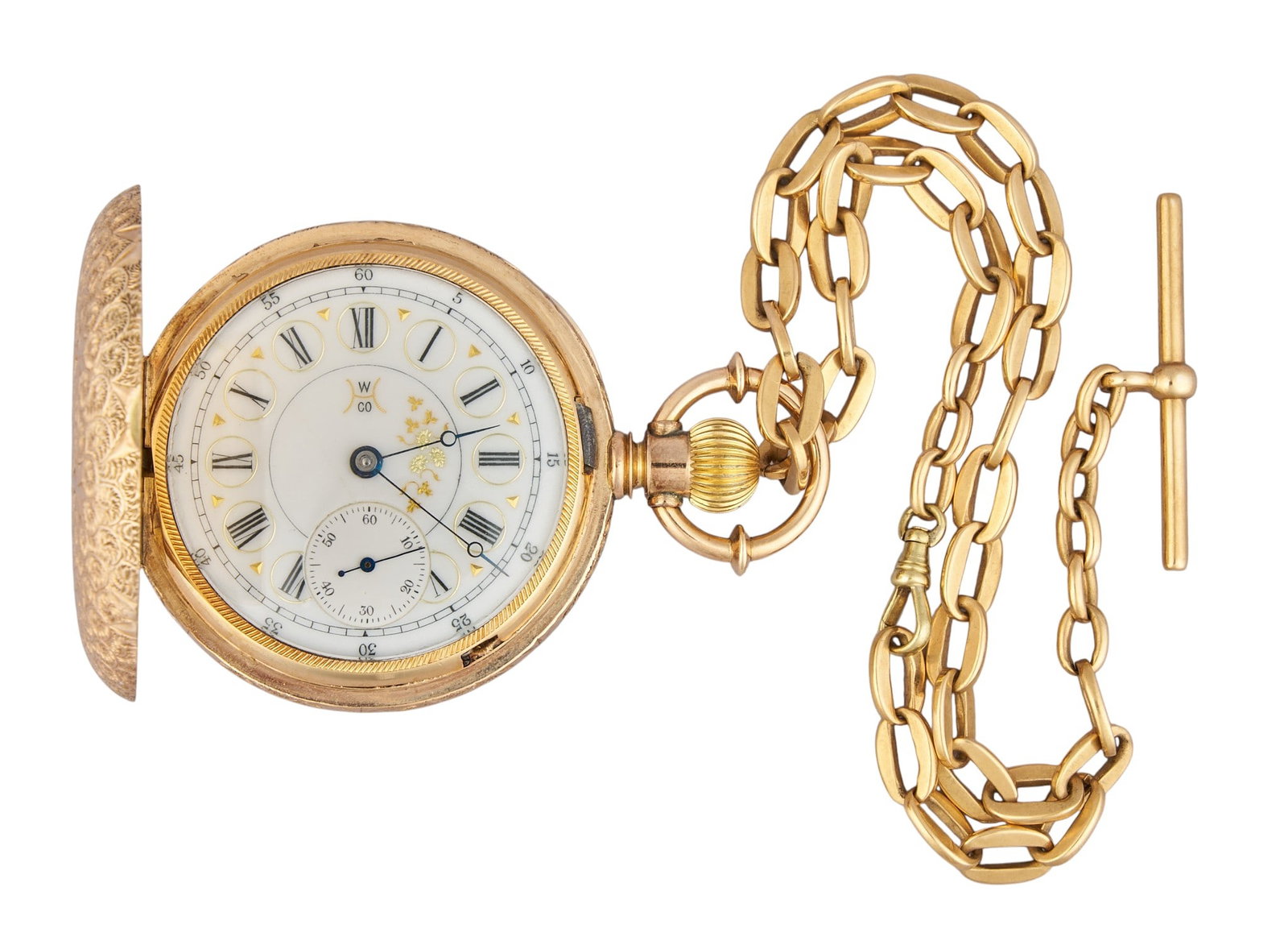 Red McCombs | 18K Hampden Hunter Pocket Watch: 18K rose gold lever set Hampden Hunter pocket watch featuring engraved case with floral motifs, Roman numeral numbers, applied gold face, monogrammed cartouche, inset second hand register, and 14K cha