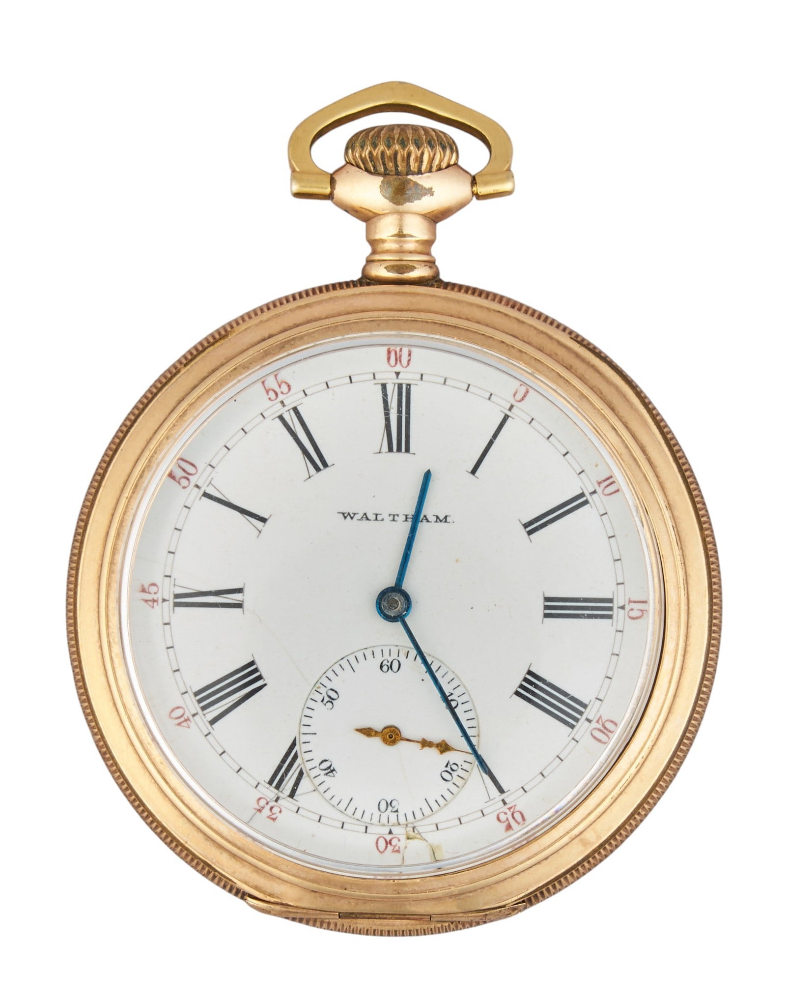 Red McCombs | Waltham Rolled Gold Pocket Watch: Waltham rolled gold pocket watch with open face, Roman numeral hour markers, inset second hand registry Total weight: 62.5 g 1 7/8 in. diameter Provenance: Property from the personal estat