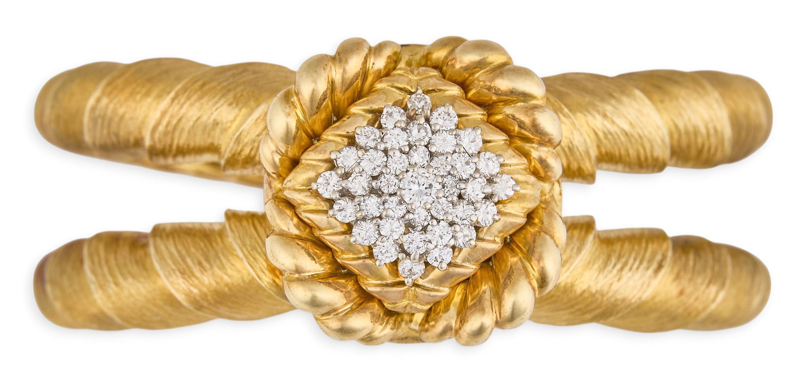 Red McCombs | 14K Diamond Hinged Cuff Bracelet: Impressive 14K gold modernist hinged cuff bracelet featuring central medallion cartouche set with round brilliant-cut diamonds in cluster setting, on split twist tapered band with cente