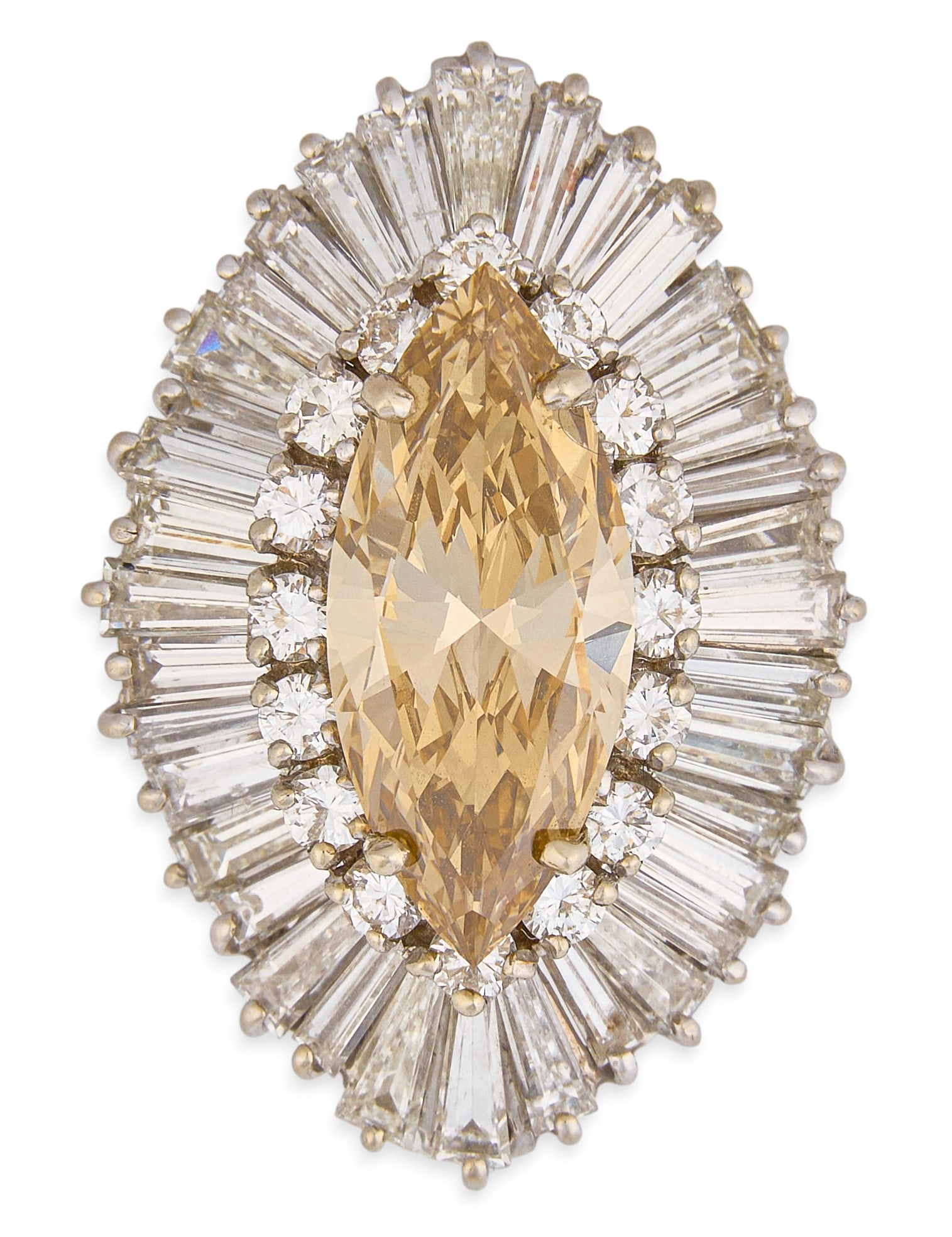 Red McCombs | 18K Ballerina Diamond Cocktail Ring: 18K white gold cocktail ring centering a marquise-cut fancy champagne colored diamond, weighing 3.93 carats, with baguette-cut diamond undulating ballerina cluster halo, approximately 3