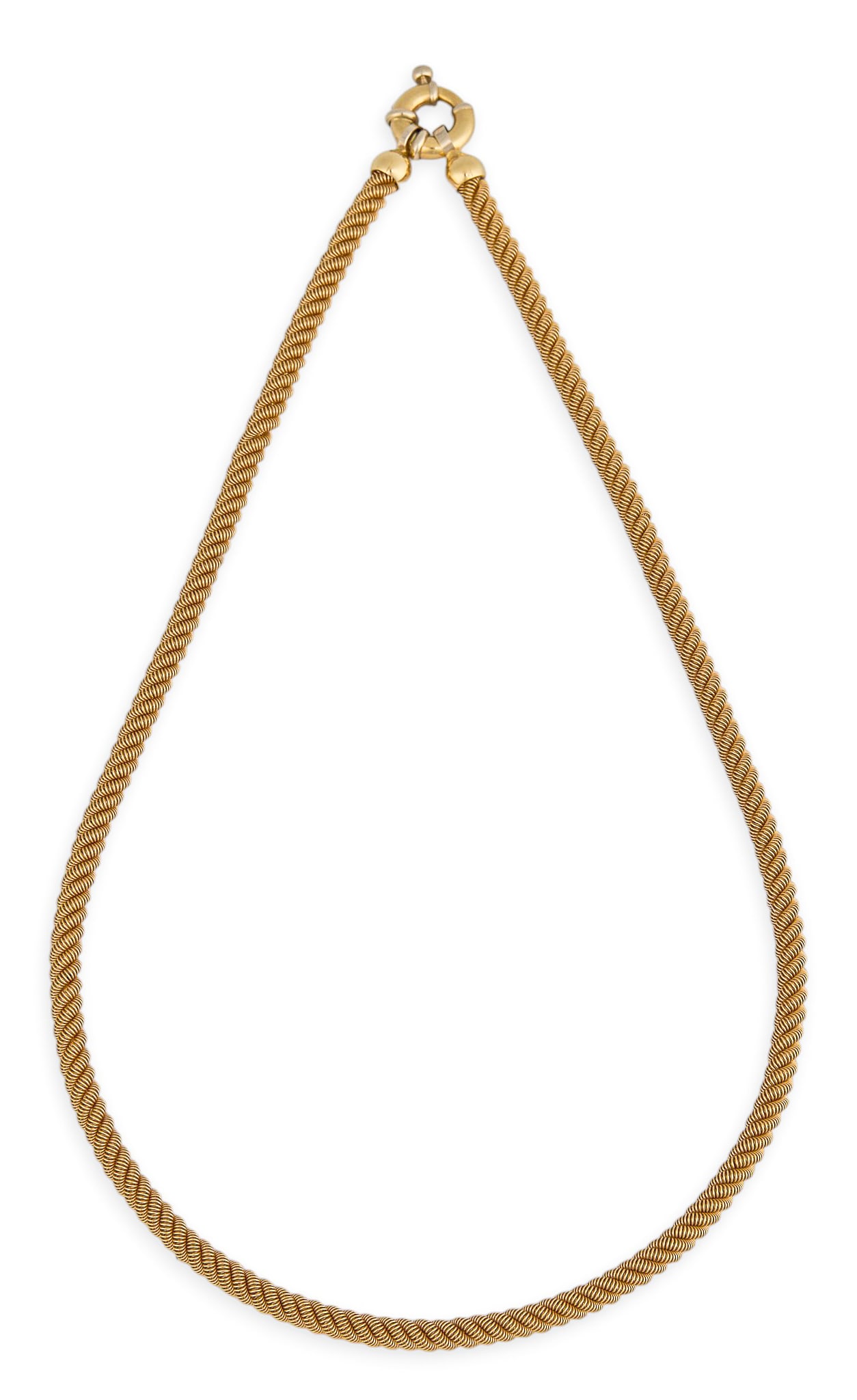 Red McCombs | Fancy 18K Coiled Wire Rope Chain: Fancy 18K gold coiled wire rope chain necklace, with oversized spring clasp, marked "750" to clasp Length: 17.5 in. Total weight: 28.6 g Provenance: Property from the personal esta